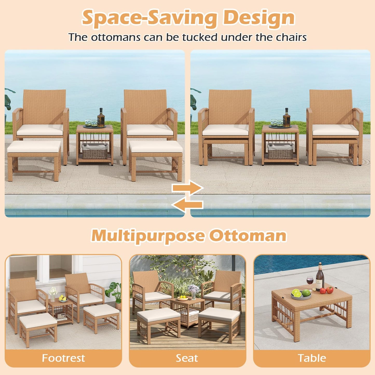 Tangkula Ensemble de 5 meubles de conversation en osier pour jardin