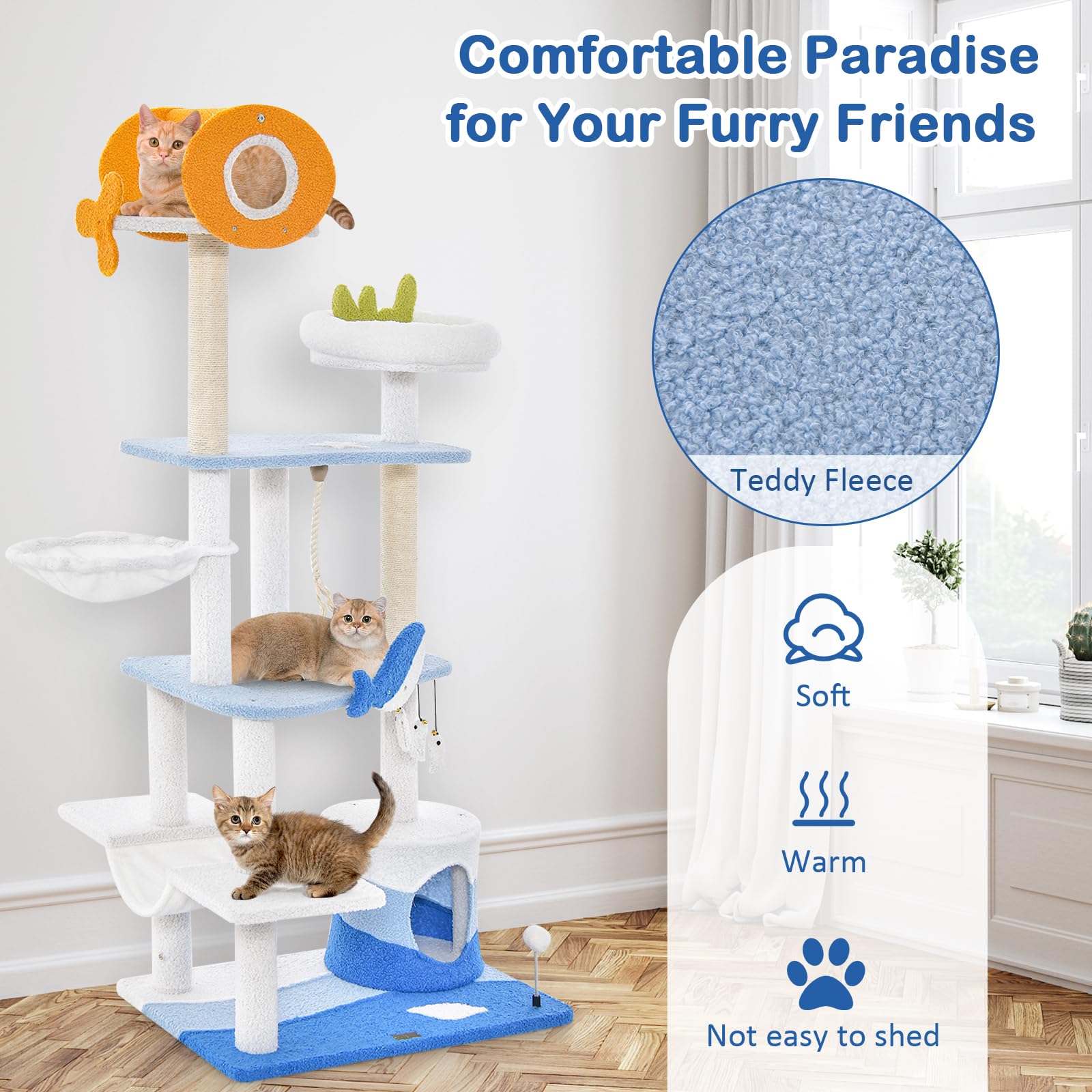 Ocean-Themed Cat Tree, 3-Level Cat Tower - Tangkula