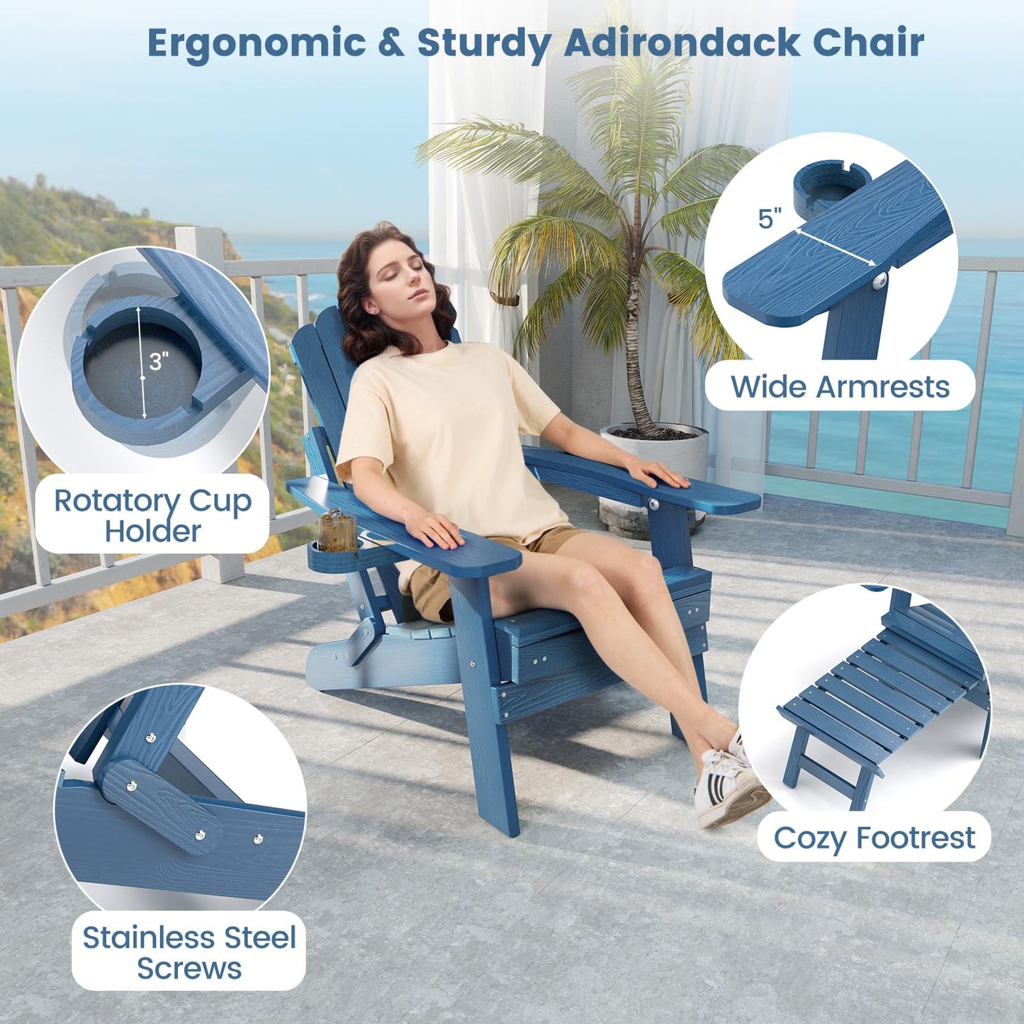 Tangkula Folding Adirondack Chair, All-Weather HIPS Lounge Chair w/Retractable Footrest & Adjustable Backrest