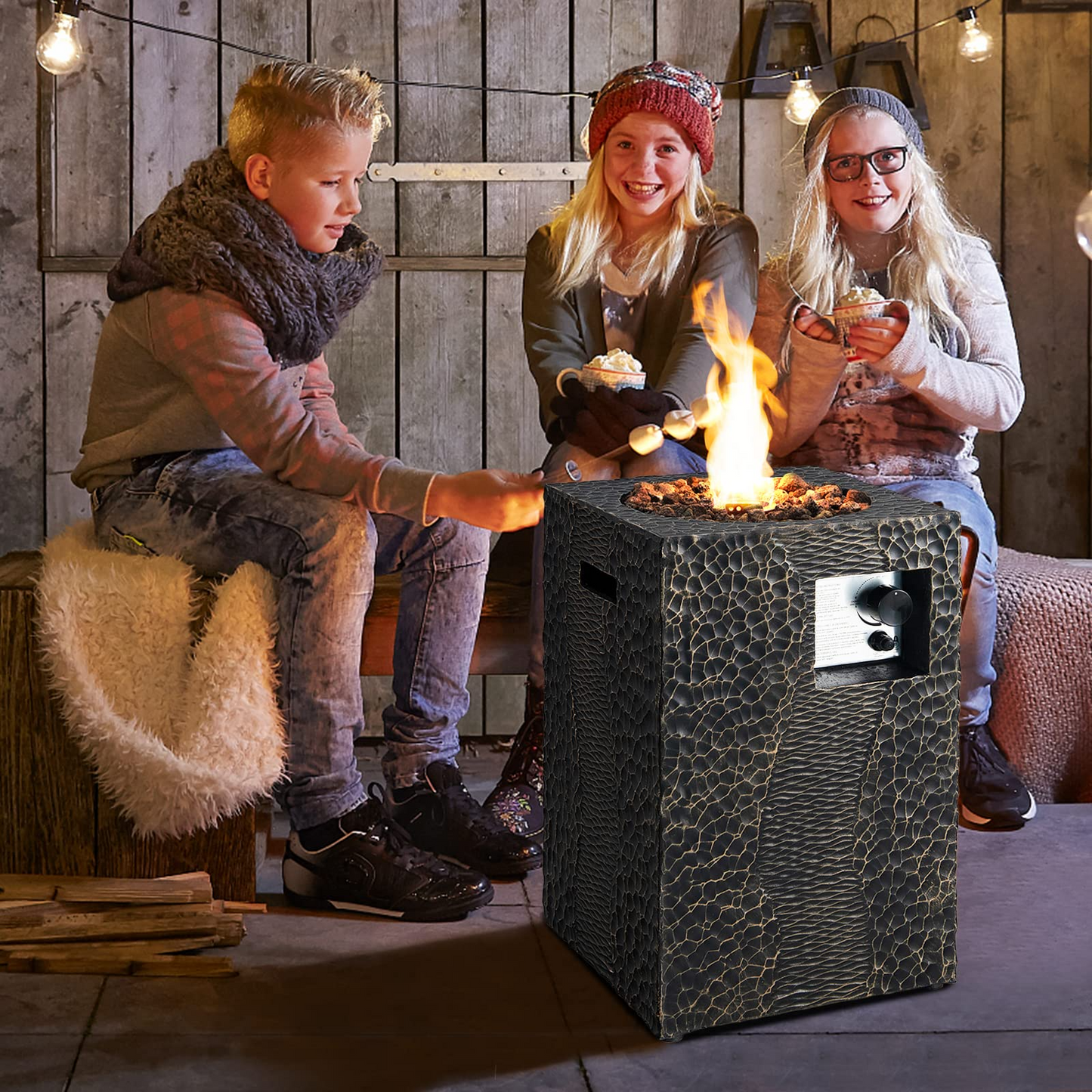 Tangkula 16 Inch Patio Propane Fire Pit, Patiojoy Electronic Ignition Square Gas Fire Pit with Protective Cover