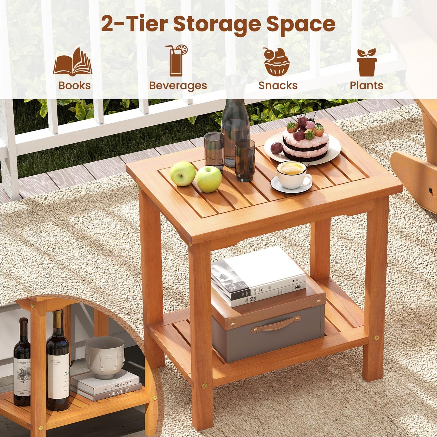 Tangkula Table d'appoint d'extérieur, table de patio à 2 niveaux avec plateau à lattes et étagère de rangement