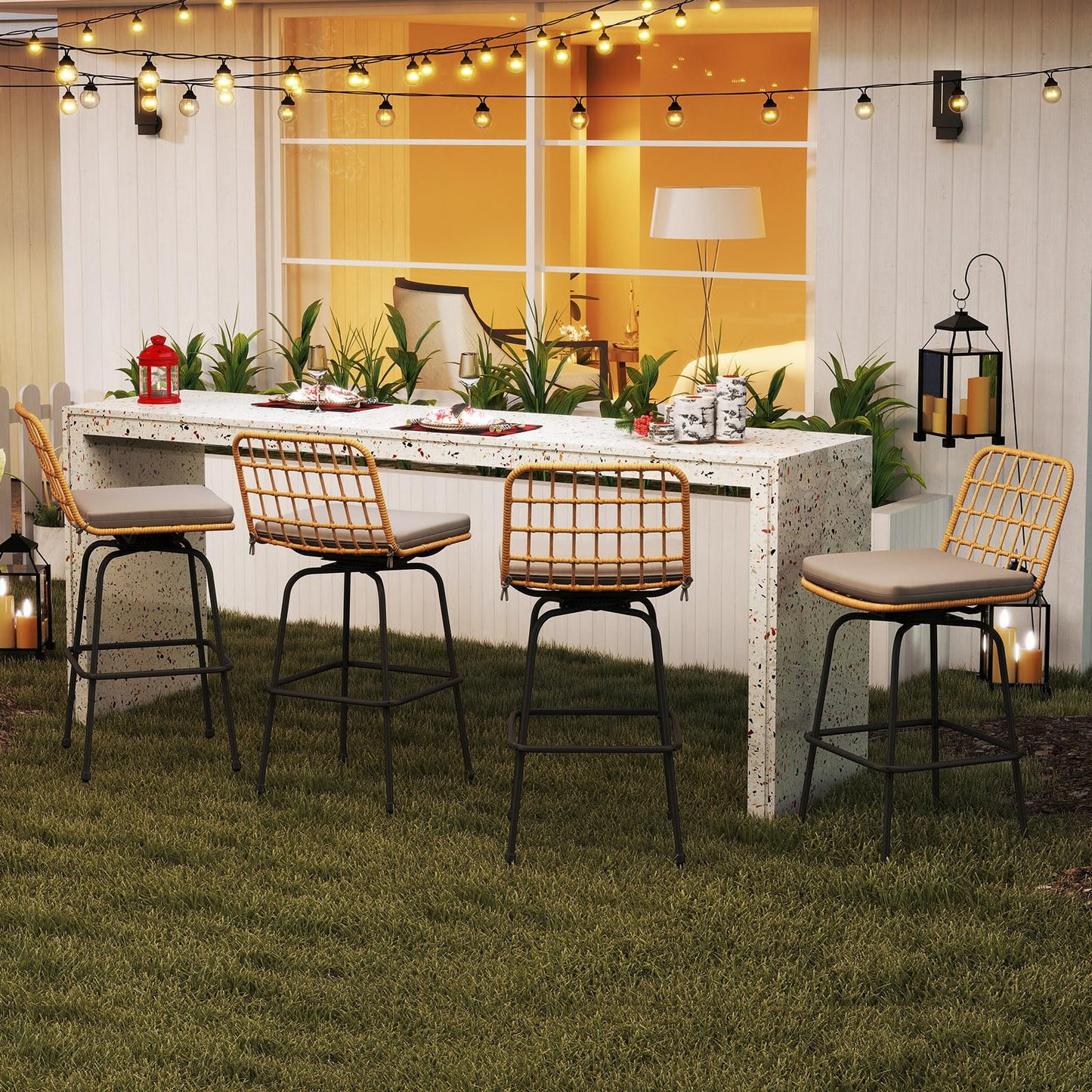 Tangkula Patio Swivel Barstools, Wicker Bar Height Chairs w/Soft Seat Cushions