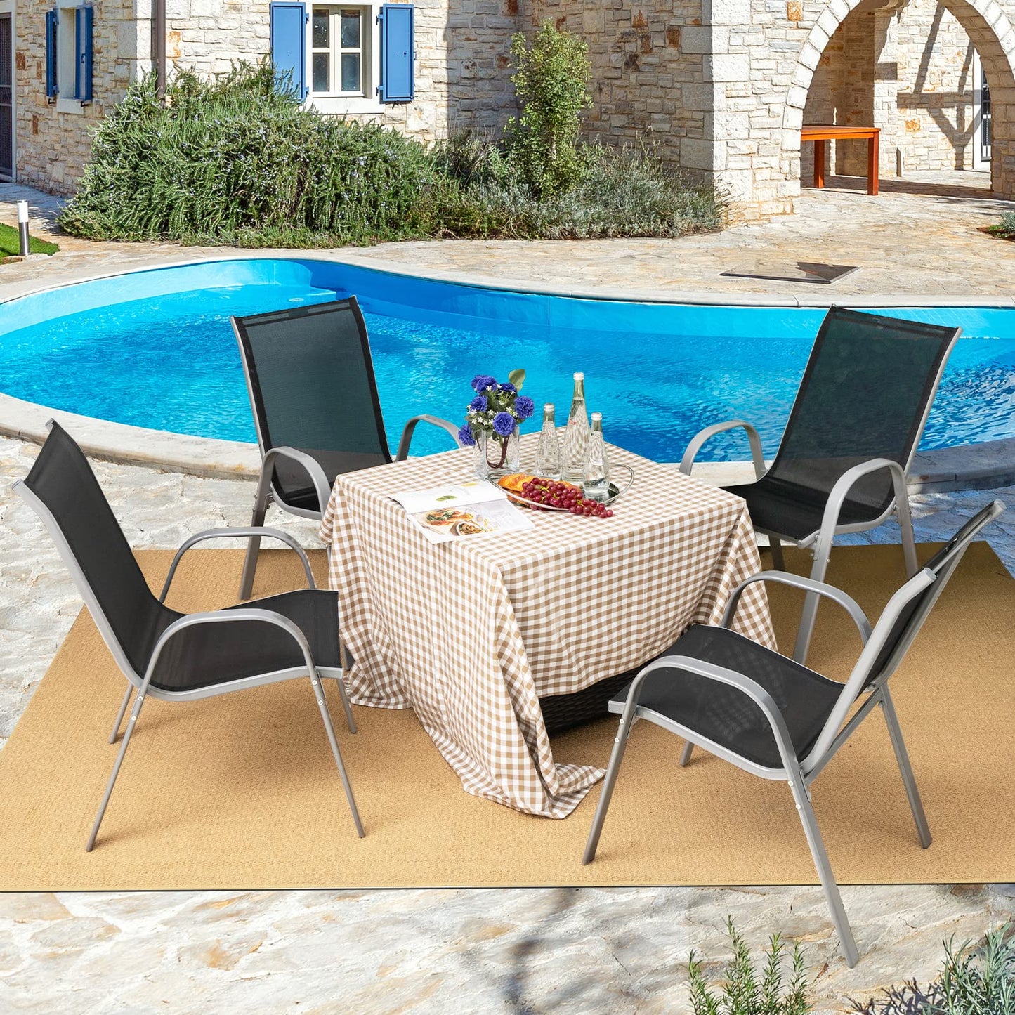 Tangkula 4 Pieces Patio Dining Chairs, Outdoor Stackable All Weather Heavy Duty Dining Chairs Set with Armrests