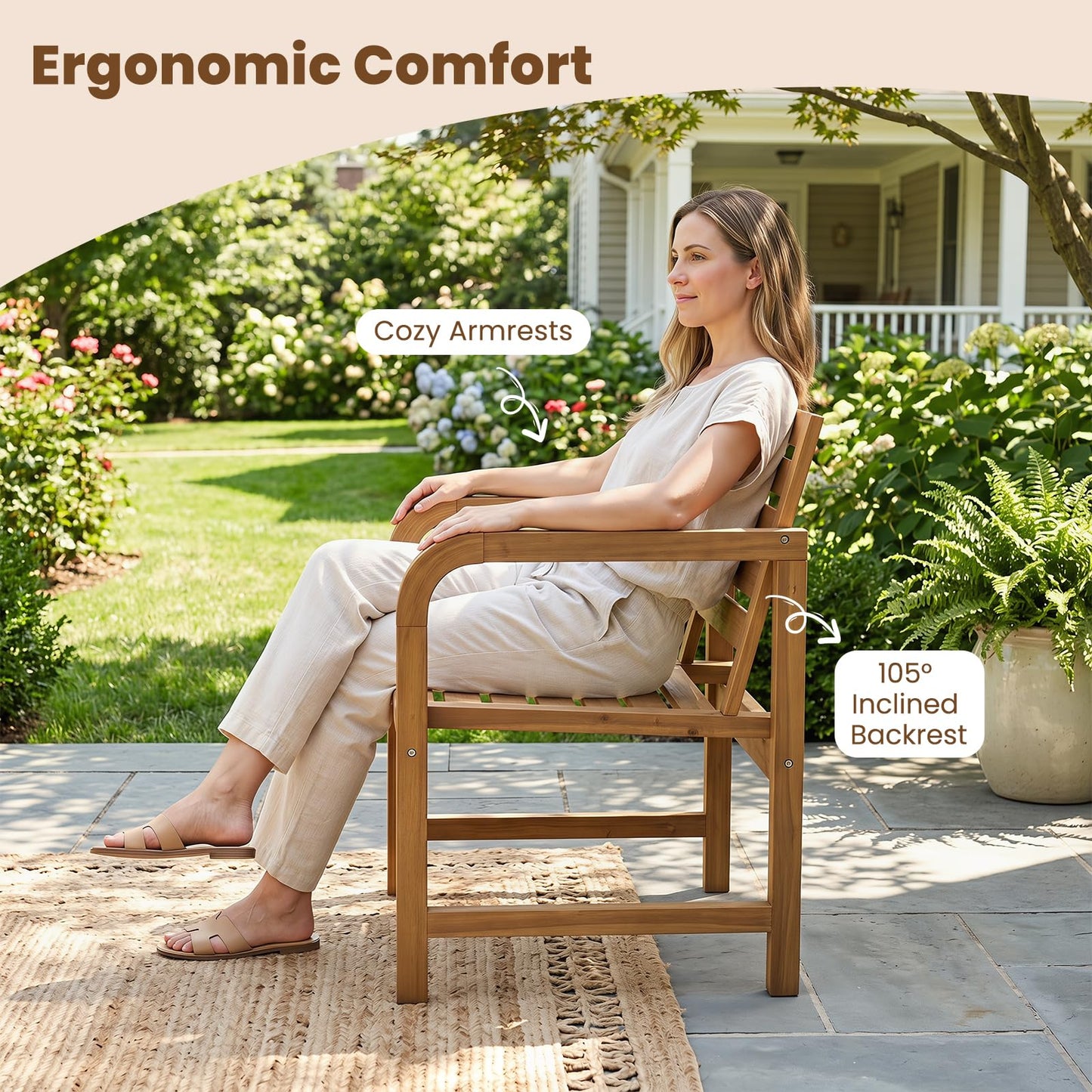 Tangkula Solid Teak Outdoor Dining Chair with Slanted Back & Slatted Seat