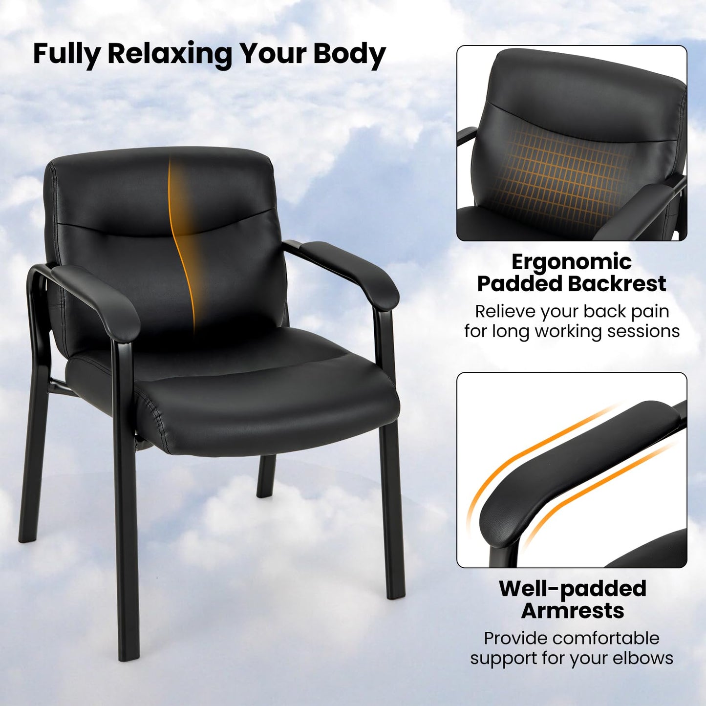 Tangkula Waiting Room Chairs, Upholstered PU Leather Conference Room Chairs with Padded Armrests, Black