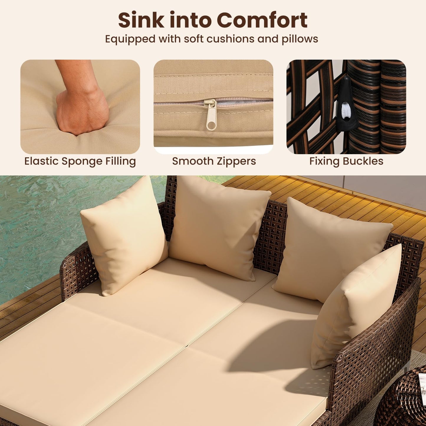 Tangkula Wicker Chaise Lounge for 2 with Seat & Back Cushions