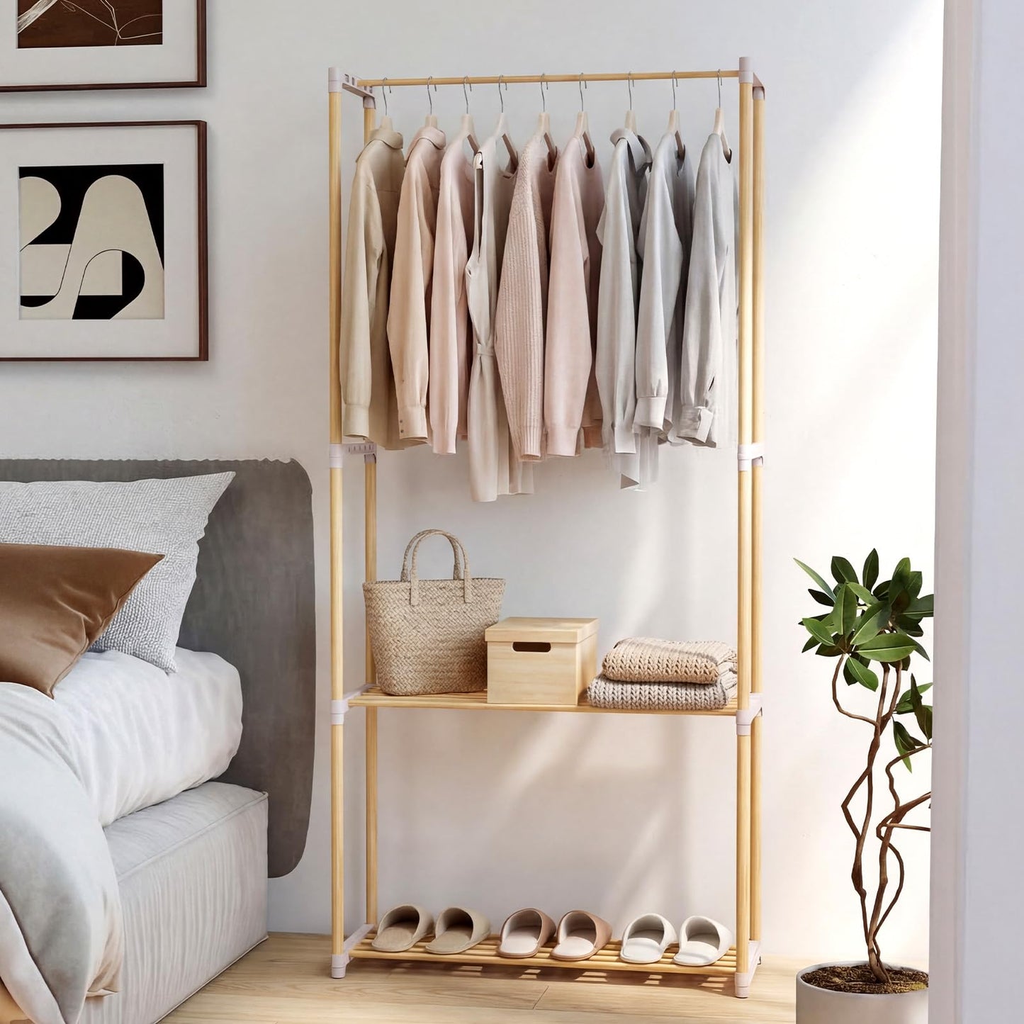 Tangkula Solid Wood Clothes Rack Freestanding Clothing Racks