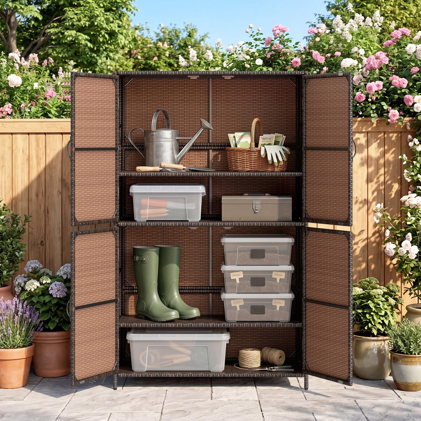 Tangkula Rattan Outdoor Storage Cabinet with 2 Adjustable Shelves