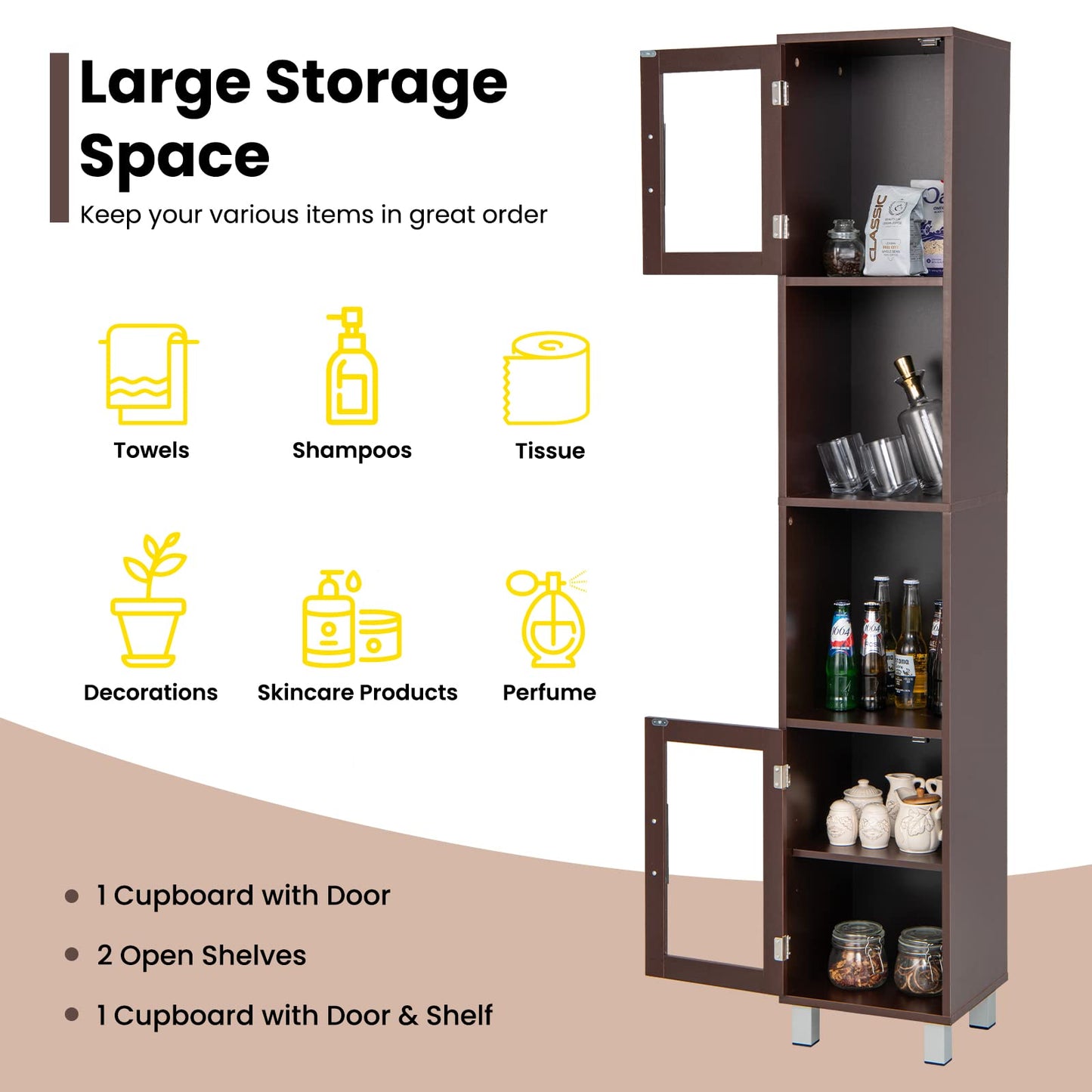Tangkula Tall Bathroom Cabinet, Home Bedroom Living Room Wood Linen Storage Cabinet Free Standing