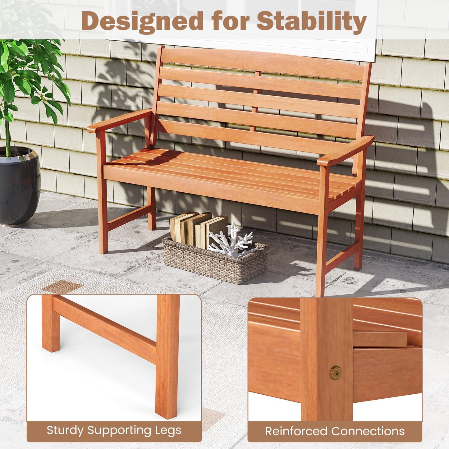 Tangkula Wooden Garden Bench, 2-Person Patio Loveseat with Slatted Backrest