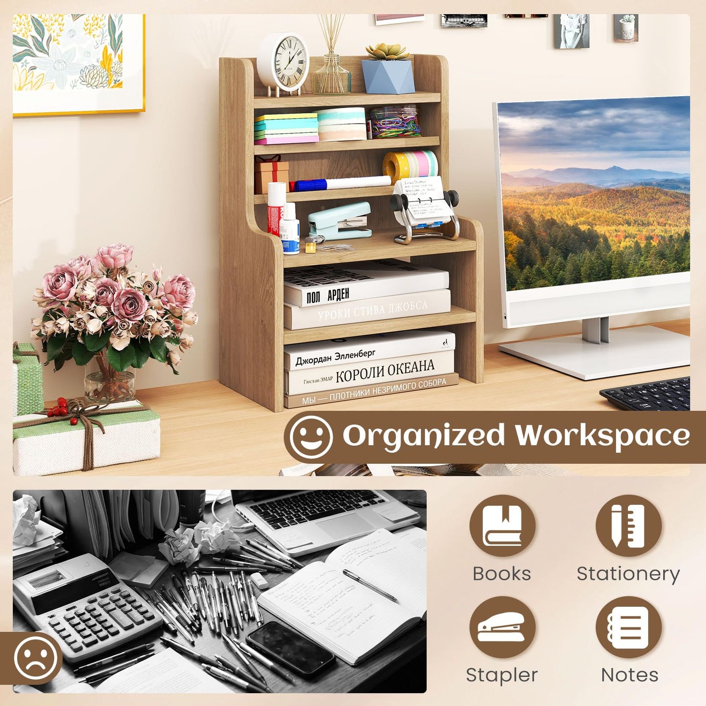 Tangkula 6-Tier Wooden Office Organizer with 2 Removable Shelves for Papers