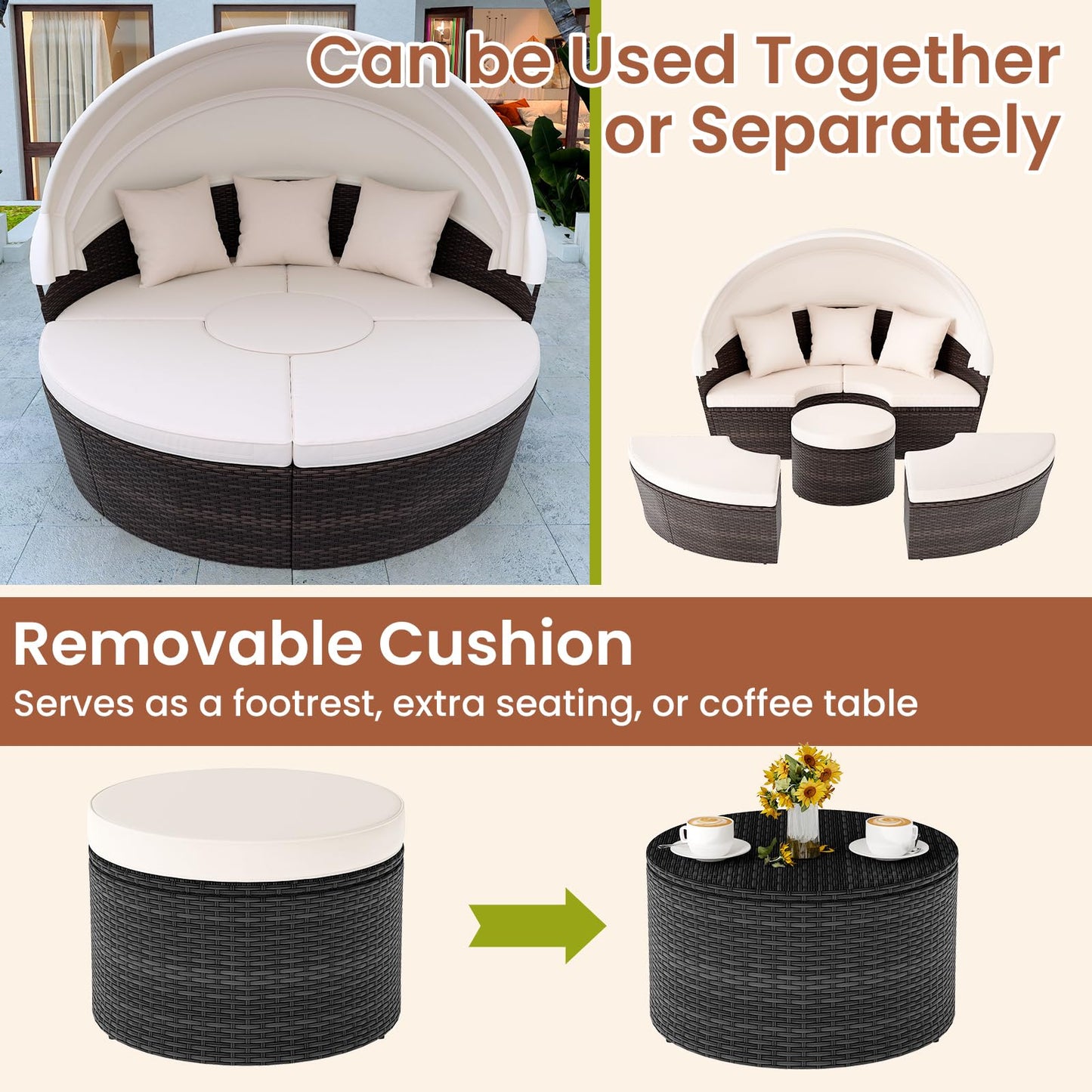 Tangkula Patio Round Daybed with Retractable Canopy Center Table & Throw Pillows
