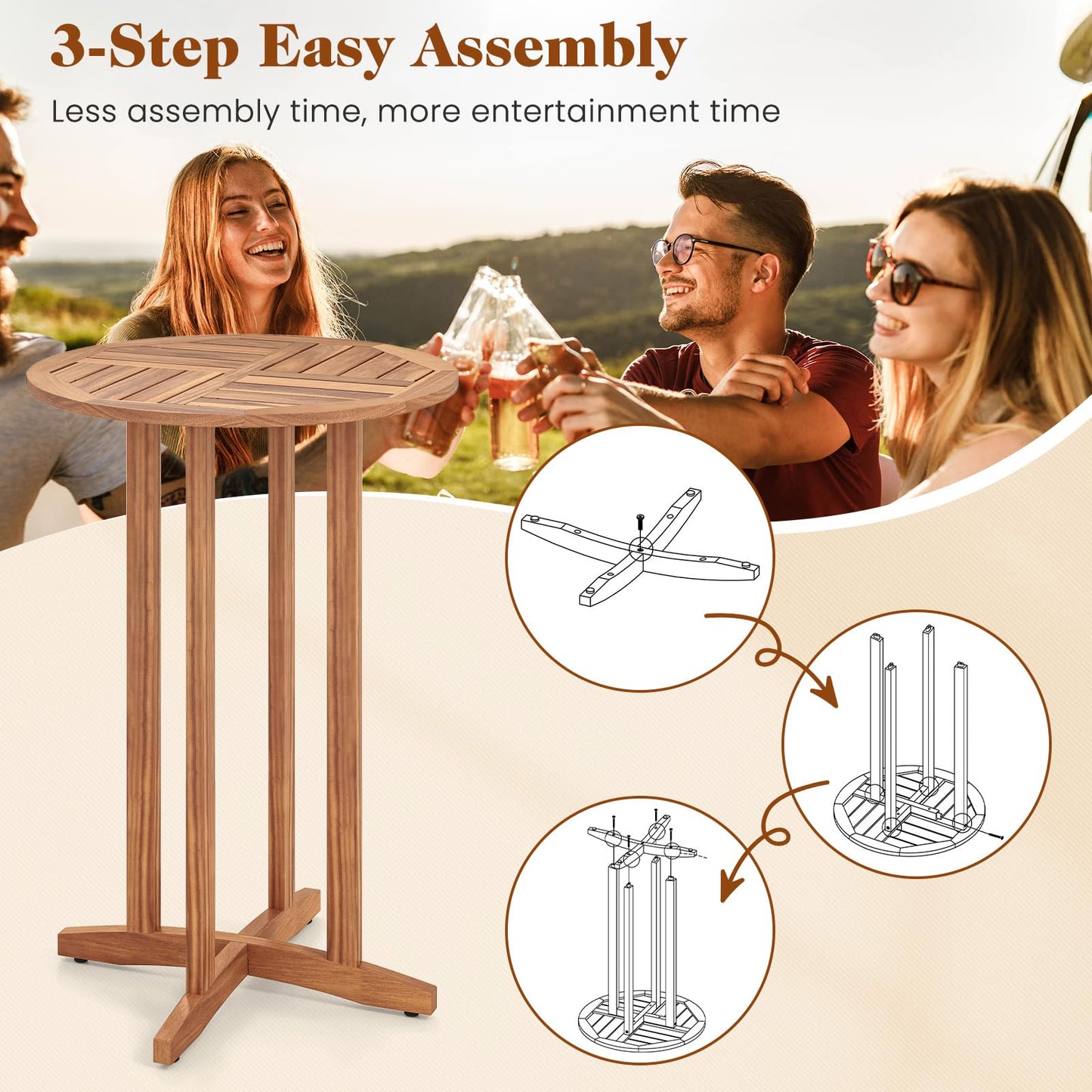 Tangkula Table de bar ronde de 99 cm avec plateau à lattes pour terrasse
