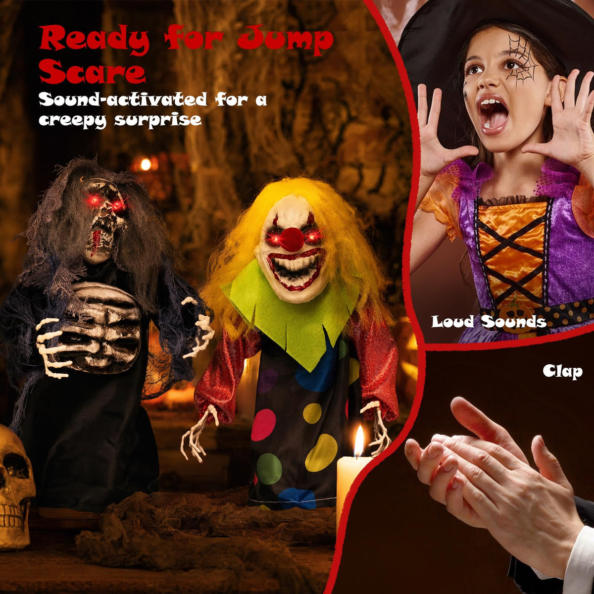Tangkula 2 Pack Halloween Animated Tabletop Clown & Grim Reaper Decorations