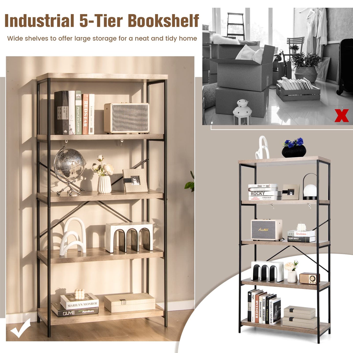 Tangkula 5 Tier Bookcase for Living Room
