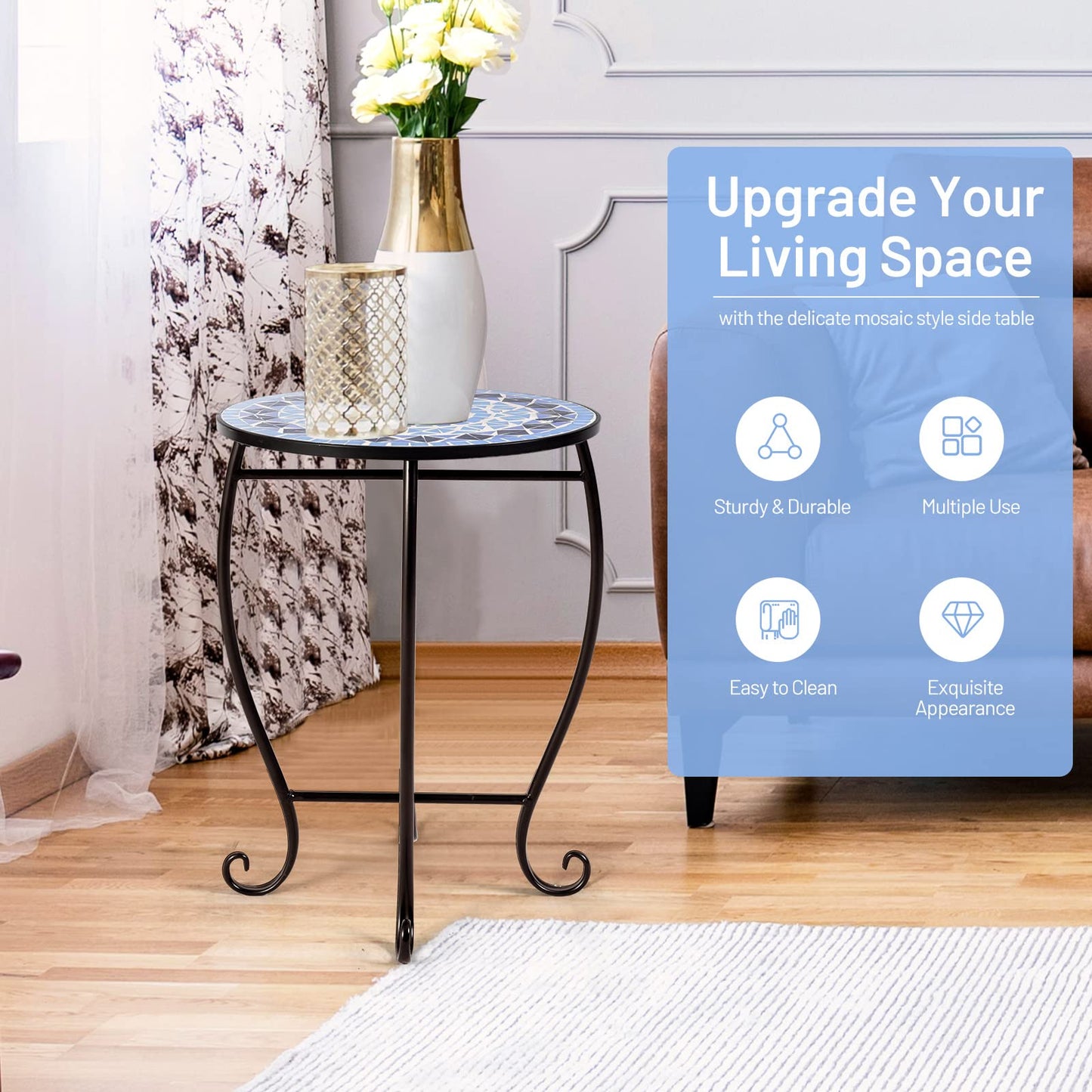 Tangkula Outdoor Side Table w/Ceramic Tile Top & Metal Frame