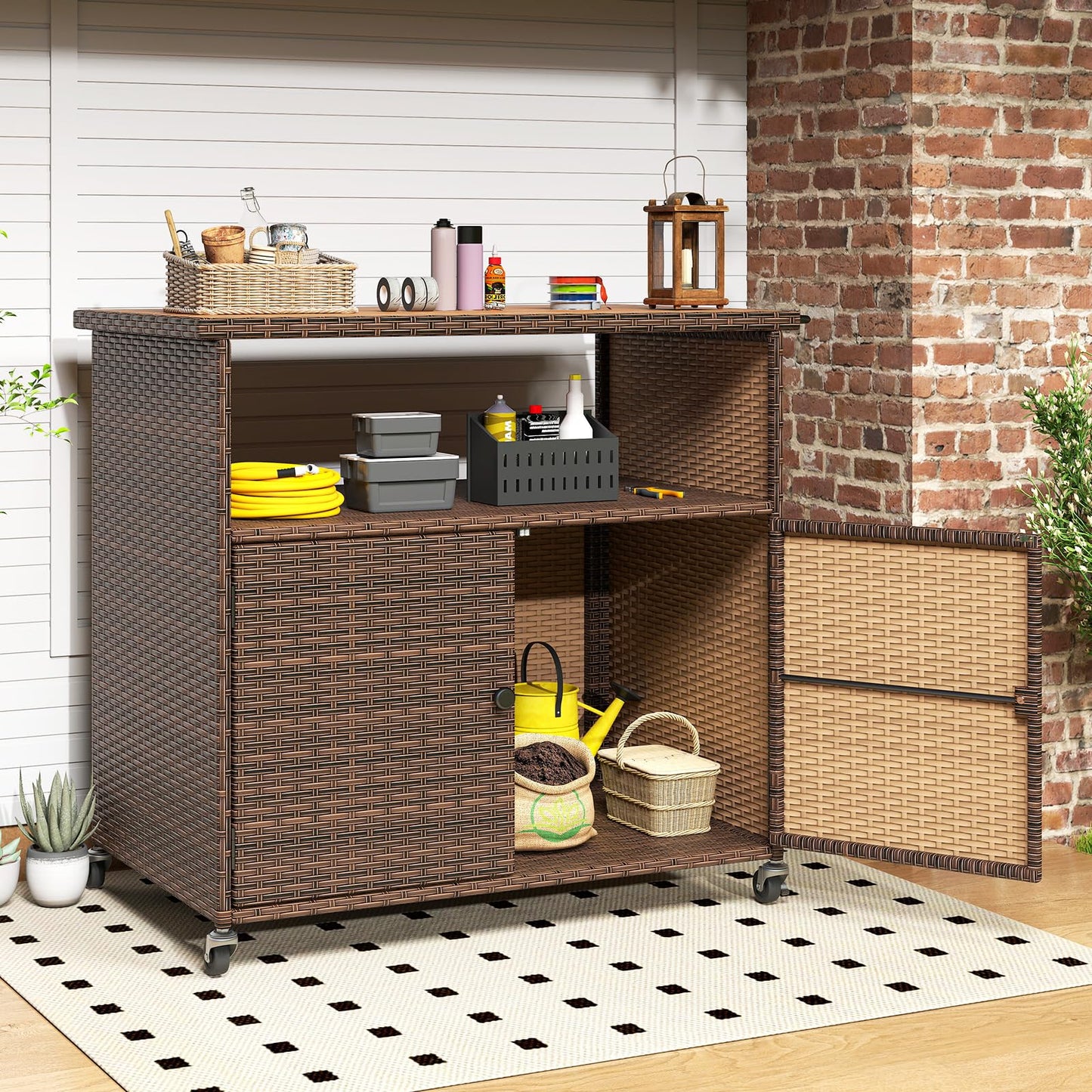 Meuble de rangement d'extérieur Tangkula en rotin avec comptoir en bois d'acacia