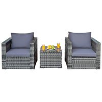 3 Pieces Patio Furniture Set, PE Rattan Wicker Sofa Set w/Washable Cushion and Tempered Glass Tabletop