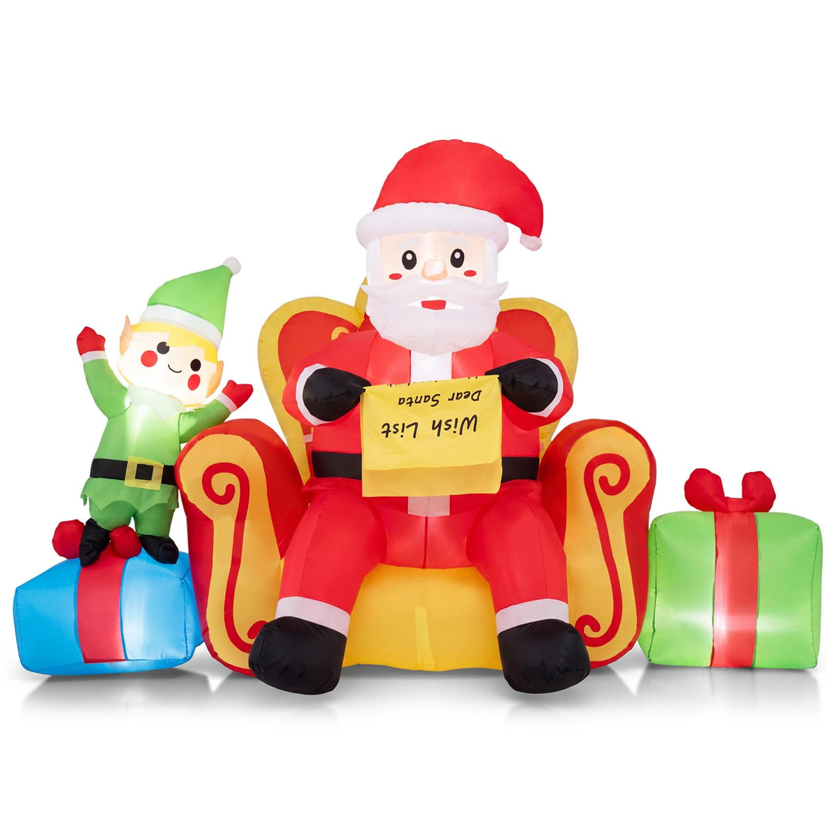 Tangkula Christmas Inflatable Santa Claus on Sofa with Elf & Gift Boxes