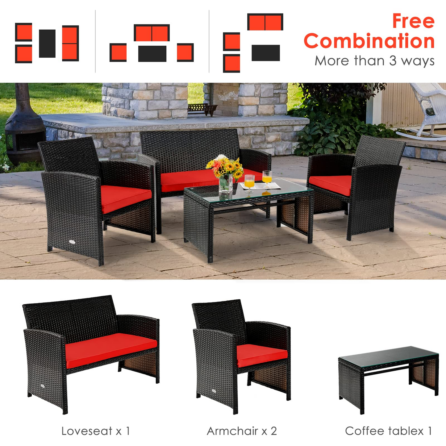 Tangkula 4 Pieces Rattan Furniture Set, Outdoor Conversation Set w/Chair & Loveseat & Tempered Glass Coffee Table