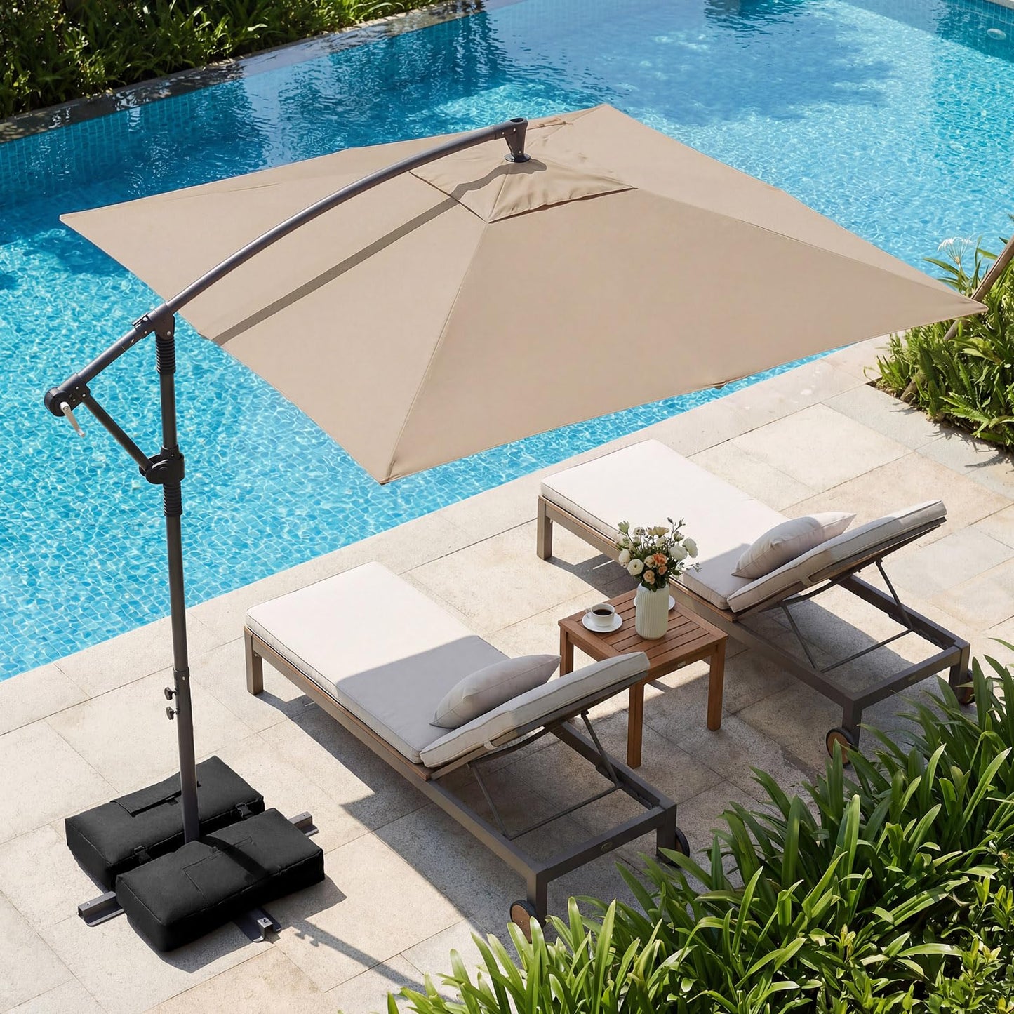Tangkula 8x8 FT Patio Umbrella with Base Included Square Offset Cantilever 360 Degree Rotation