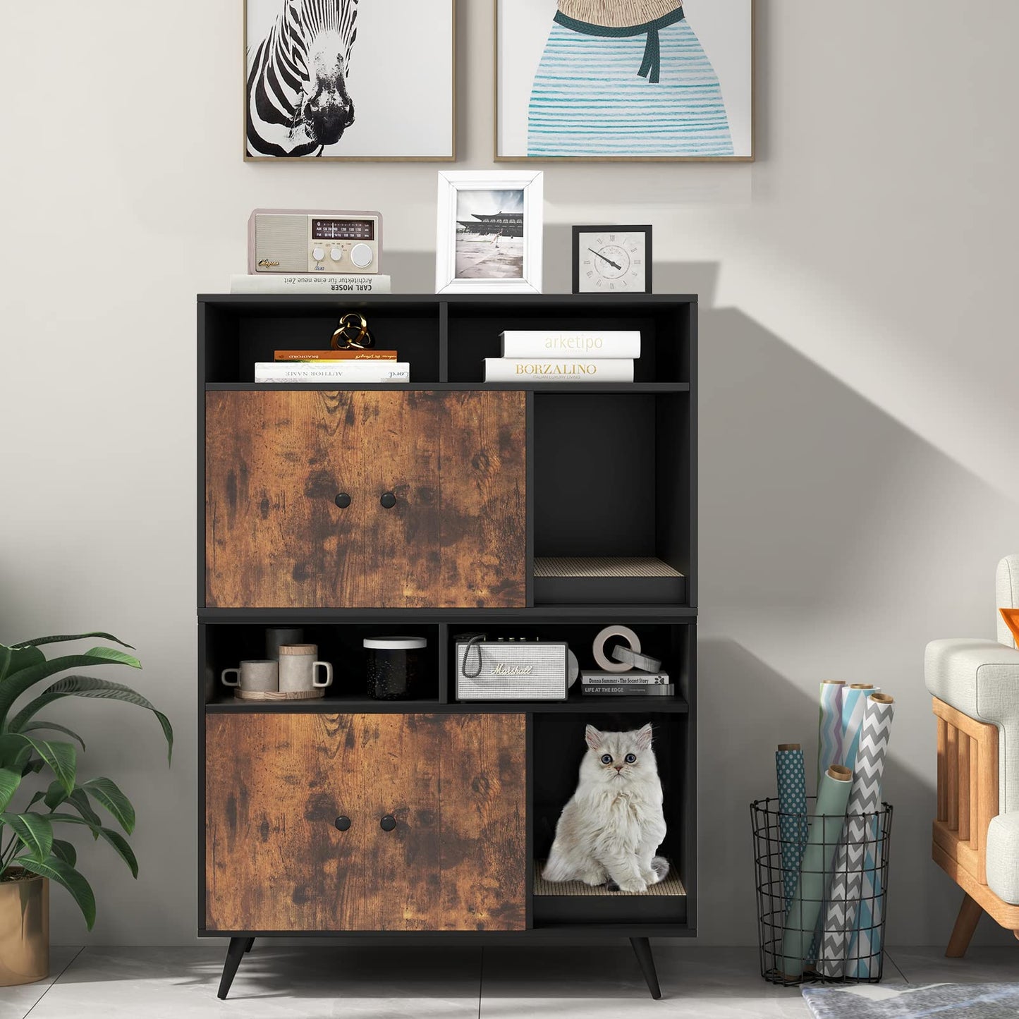 Tangkula Cat Litter Box Enclosure, Hidden Cat Washroom Furniture with Double Door Cabinet