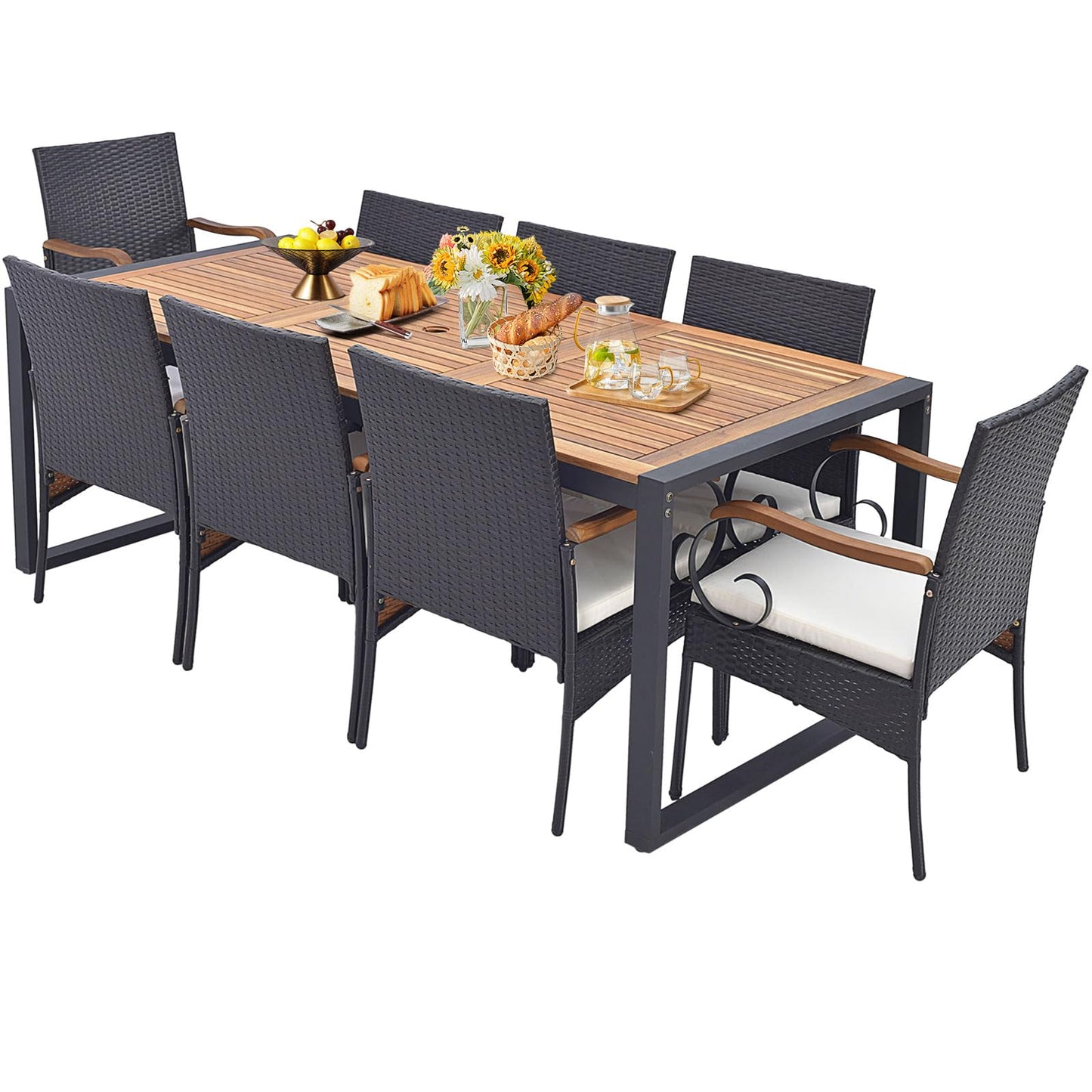 Tangkula Ensemble de 9 meubles de salle à manger en rotin avec table en bois d'acacia, ensemble table et chaises d'extérieur avec coussins
