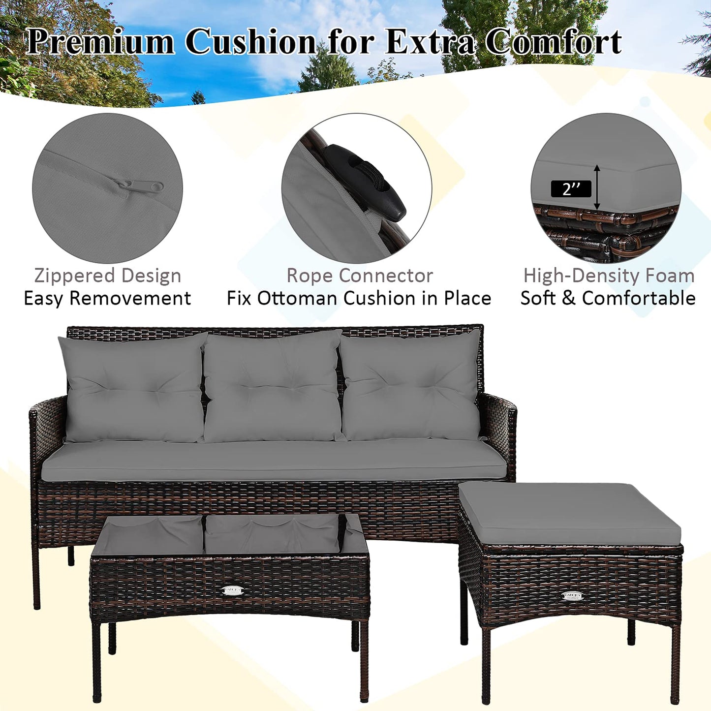 3 Pieces Patio Conversation Set, Outdoor PE Rattan Wicker Furniture Set