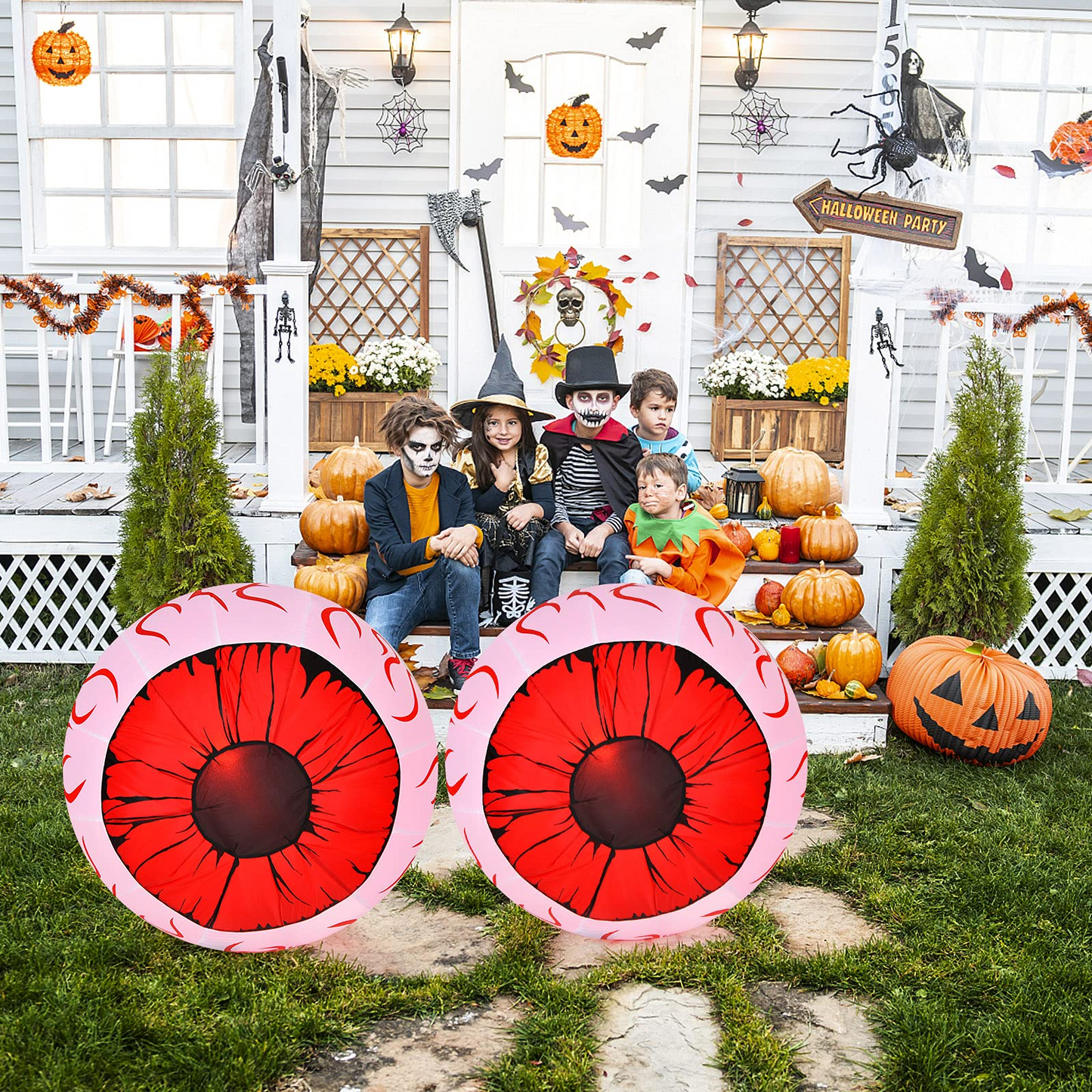2 Pack 3 FT Halloween Inflatable Huge Eyeballs W/ Air Blower, Red LED Lights