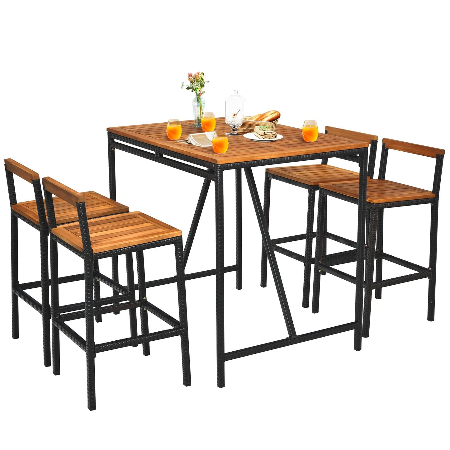 5-Piece Outdoor Acacia Wood Bar Table Set, Bar Height Outdoor and Rattan Dining Set