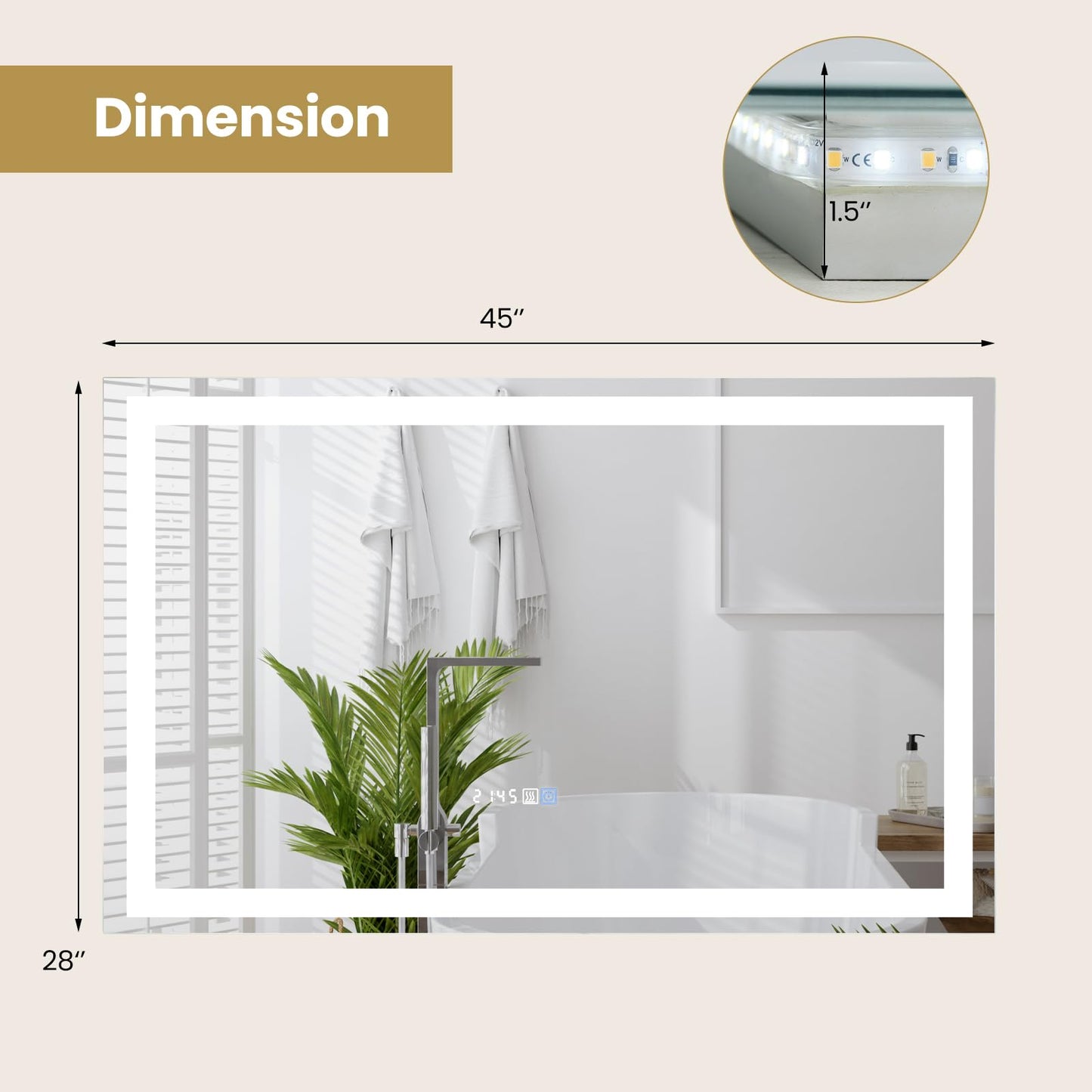 Tangkula 45" x 28" Miroir de salle de bain mural à LED avec lumières dimmables 3 couleurs