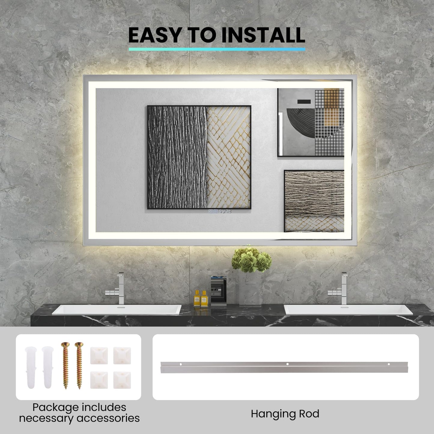 Tangkula LED Bathroom Mirror, Wall Mounted Rectangle Mirror w/ 3-Color Dimmable Lights, Time/Temp Display, Anti-Fog