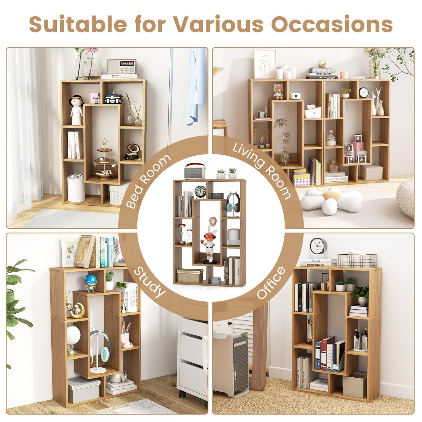 Tangkula 35.5” Geometric Bookshelf, Freestanding Wood Open Bookcase with 7 Cubes, Anti-Toppling Devices