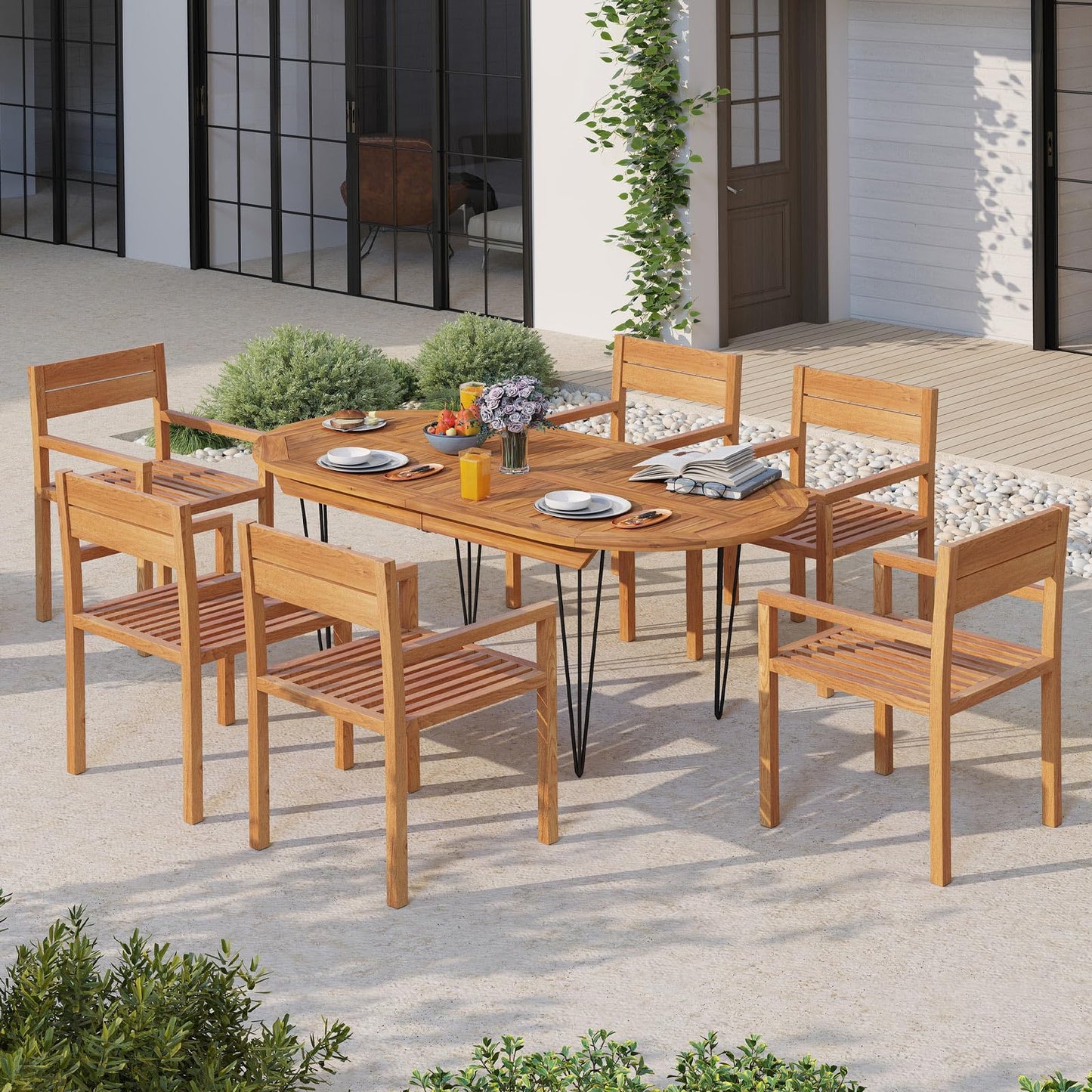 Tangkula Outdoor Teak Wood Chair Patio Dining Armchair w/Slatted Seat & Backrest