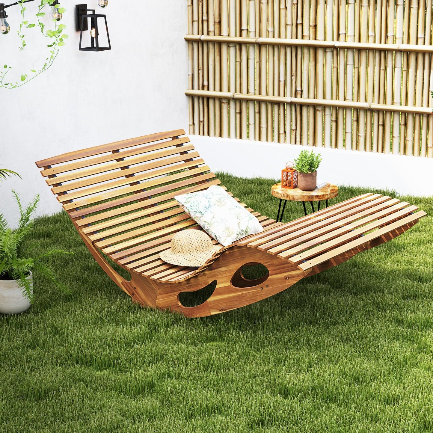 Tangkula Outdoor Double Chaise Lounge Chair, Acacia Wood Rocking Sunbed with Slatted Backrest and Seat