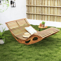 Tangkula Outdoor Double Chaise Lounge Chair, Acacia Wood Rocking Sunbed with Slatted Backrest and Seat