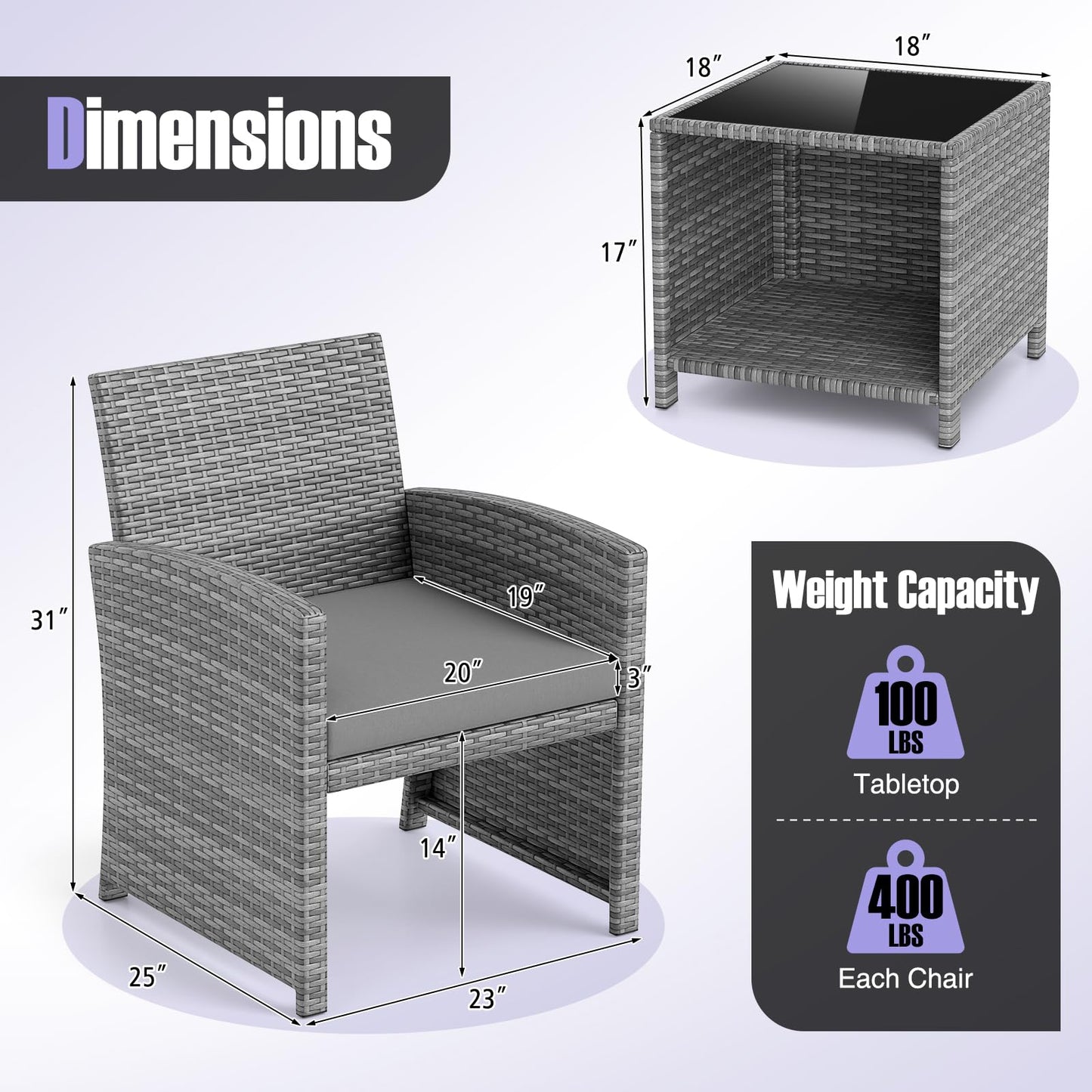 Tangkula 3 Pieces Patio Furniture Set with Tempered Glass Coffee Table
