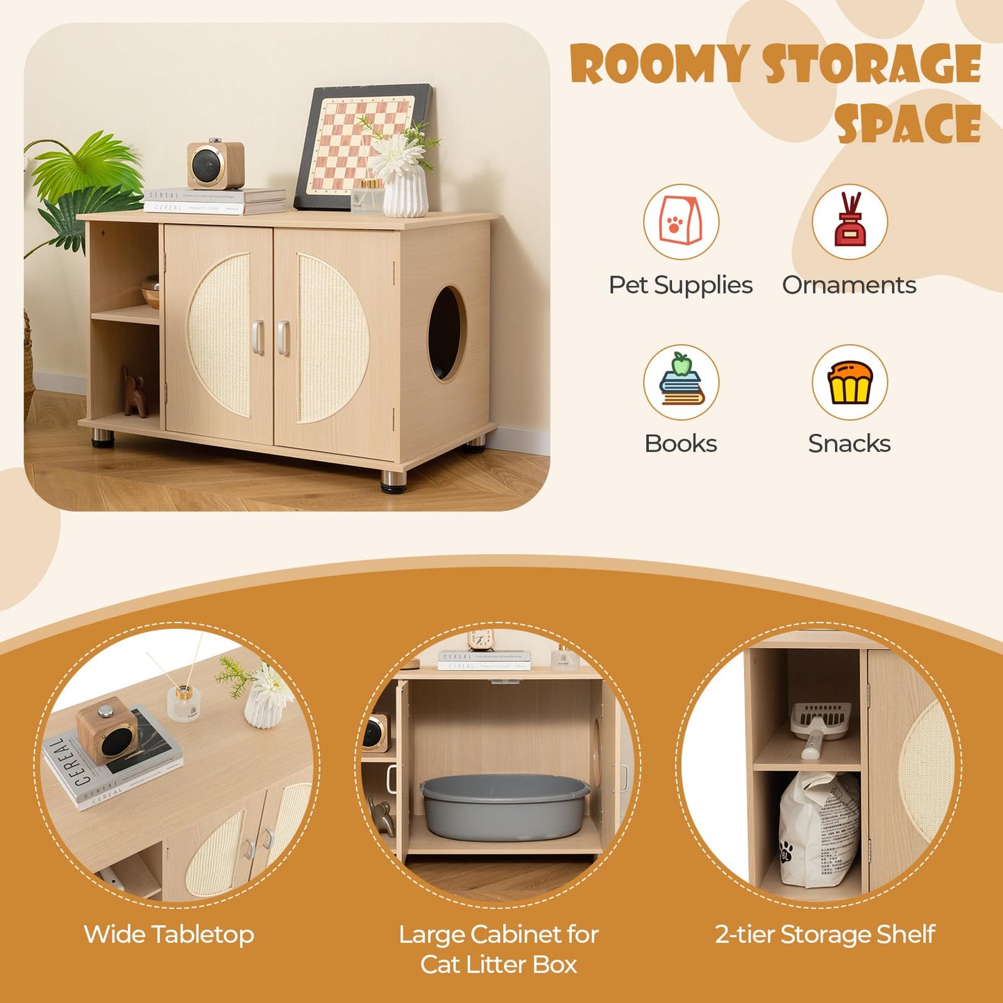 Tangkula Cat Litter Box Enclosure, Hidden Cat Washroom with Storage Shelf, Sisal Scratching Doors
