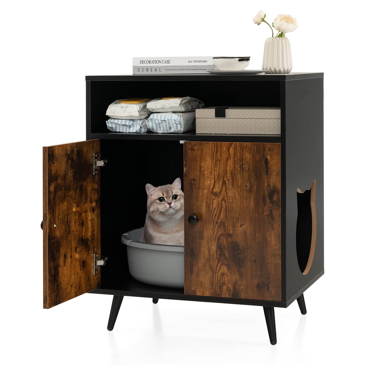 Tangkula Cat Litter Box Enclosure, 2-in-1 Cat Washroom Cabinet with Open Compartment