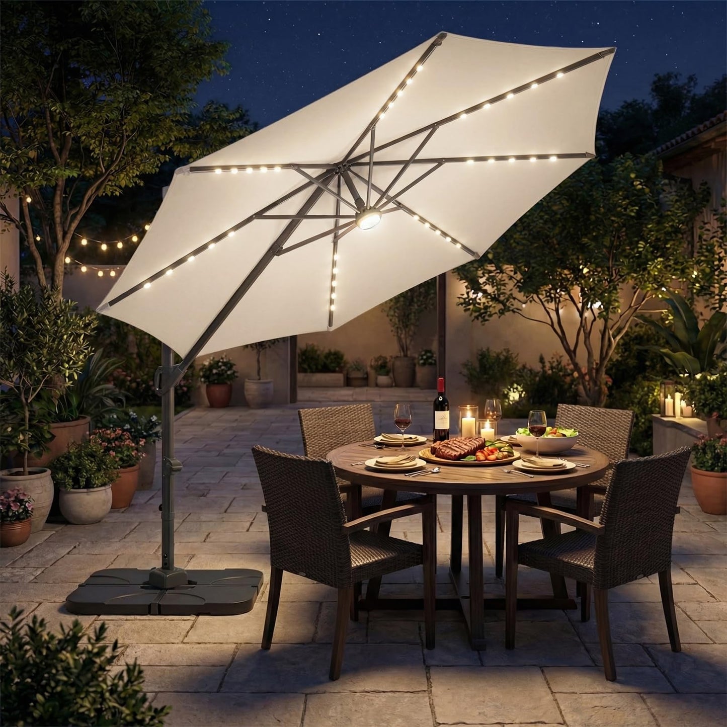 Tangkula 10 FT Solar Patio Umbrella with Base Included Cantilever Offset Outdoor Umbrella