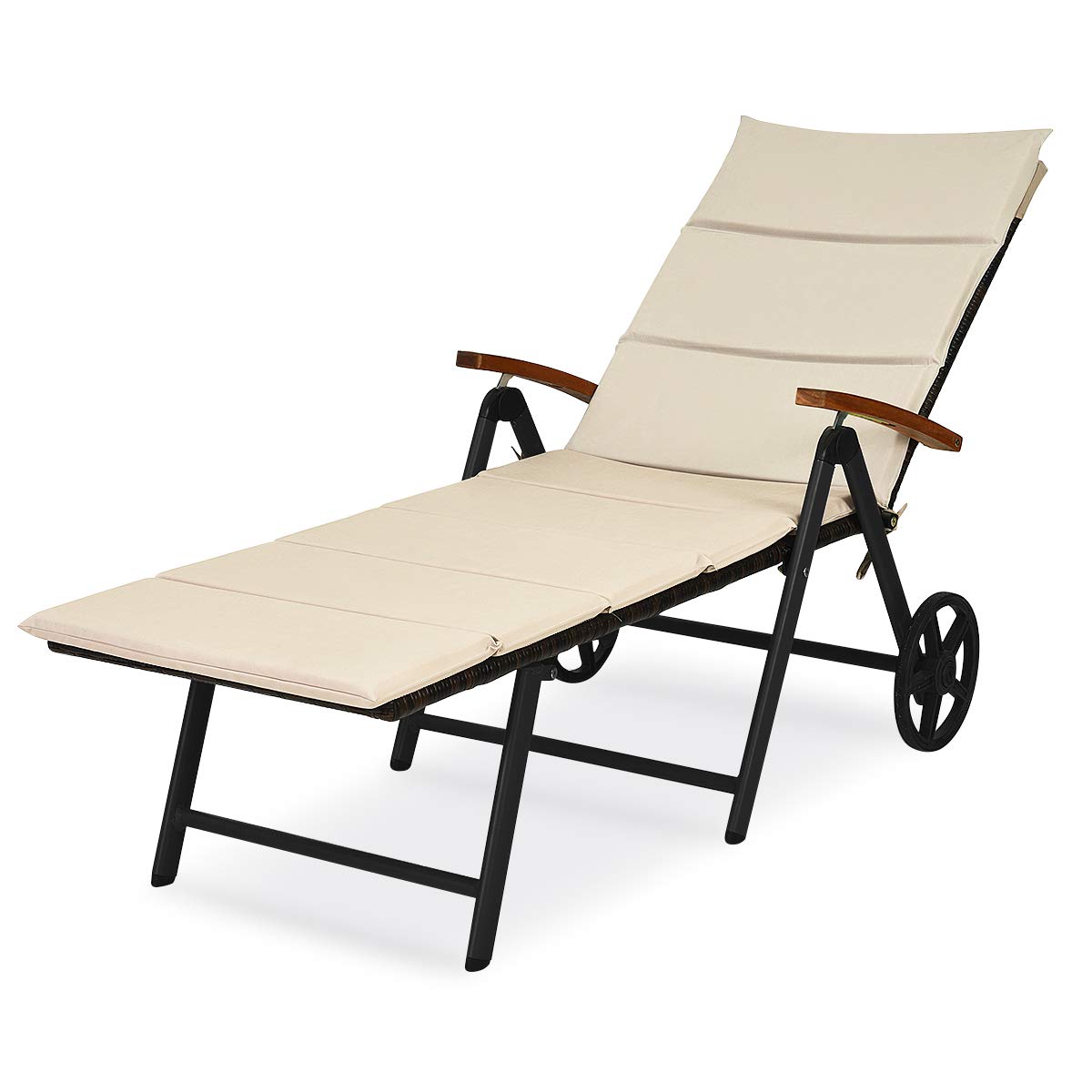 Tangkula Foldable Outdoor Chaise Lounger, Wicker Lounger Chair with Aluminum Black Frame, Wheels for Easy Moving