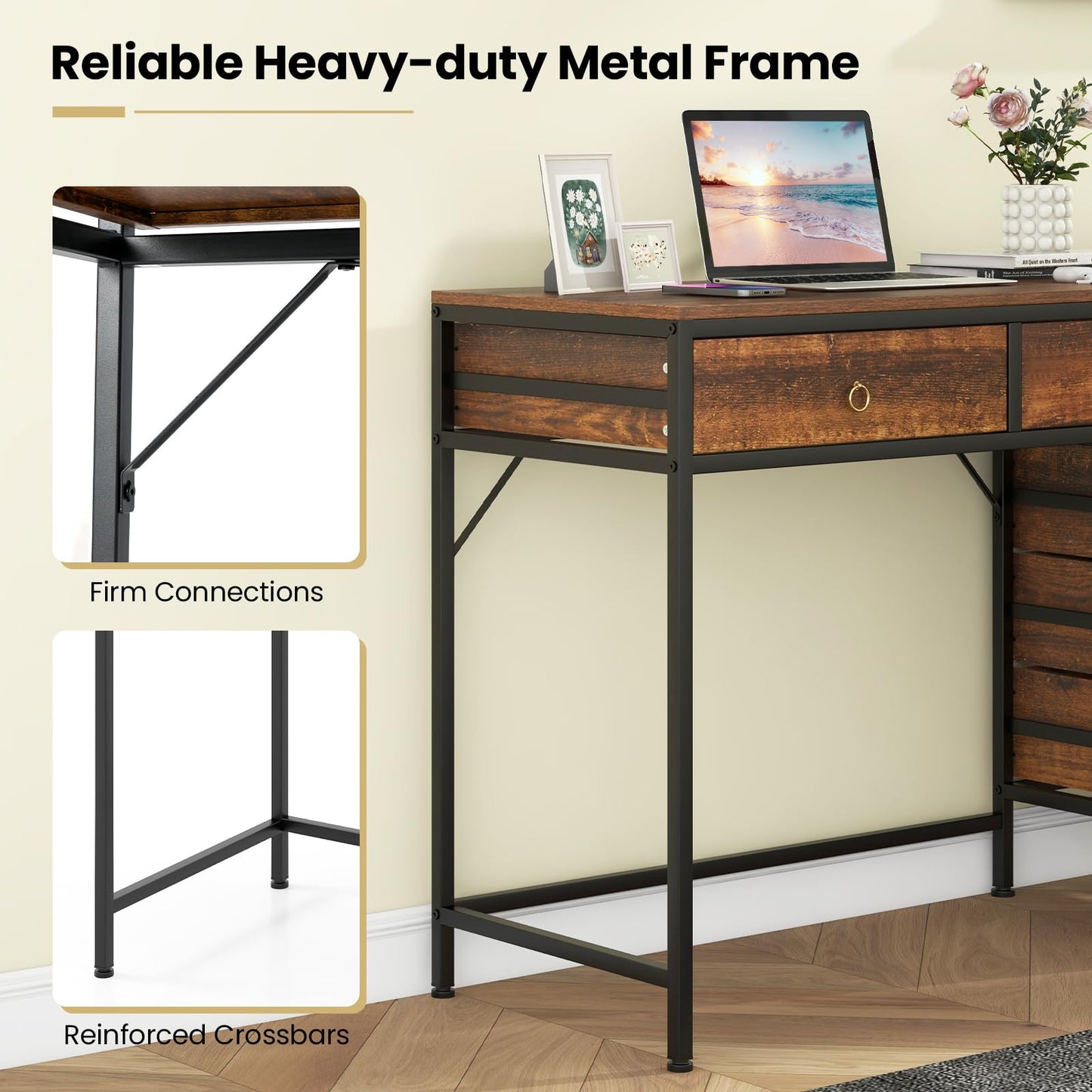 Tangkula Bureau d'ordinateur 130 cm avec 5 tiroirs, support pour imprimante, cadre en métal, table d'étude et d'écriture