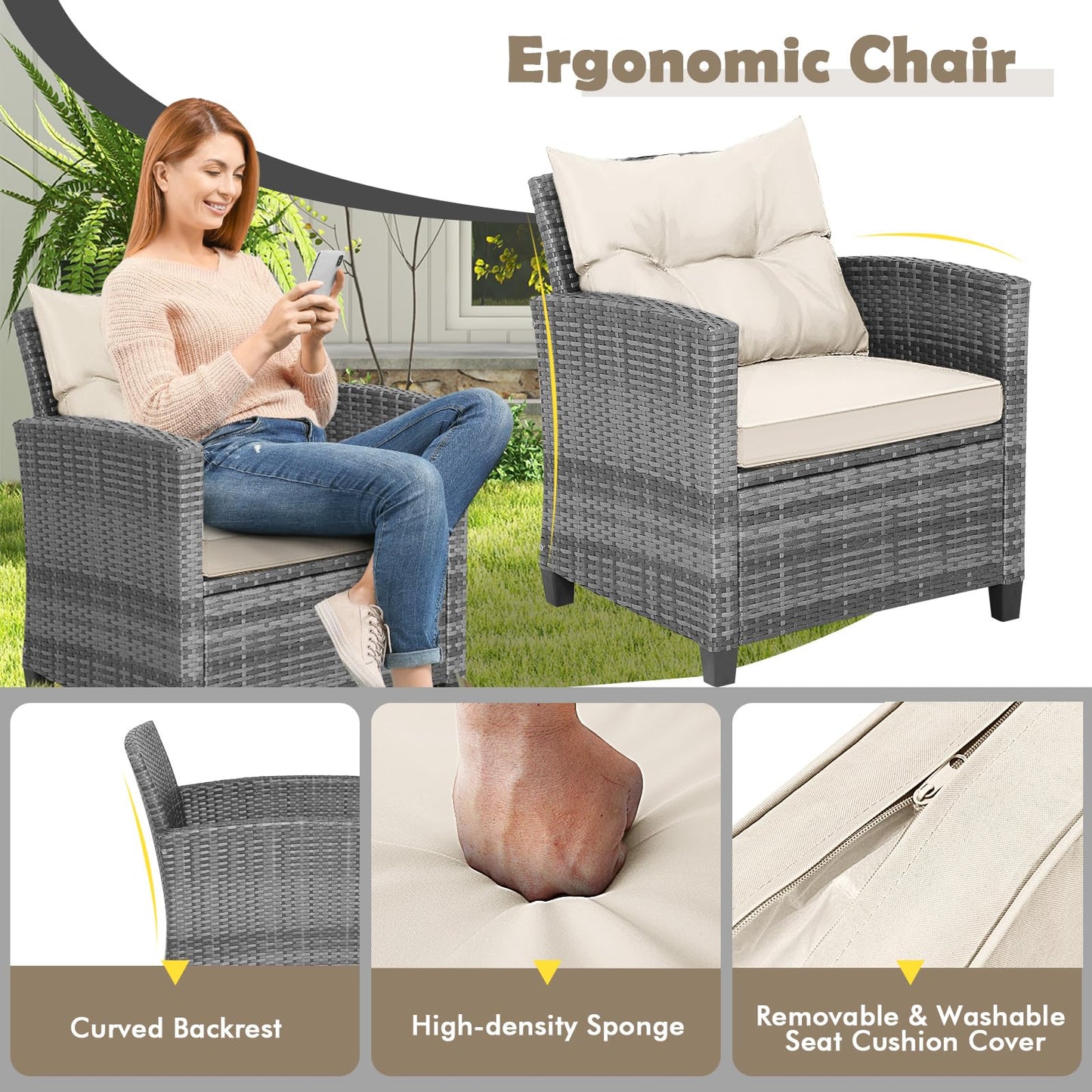 Tangkula PE Rattan Wicker 3 Pcs Outdoor Sofa Set w/Washable Cushion and Tempered Glass Tabletop