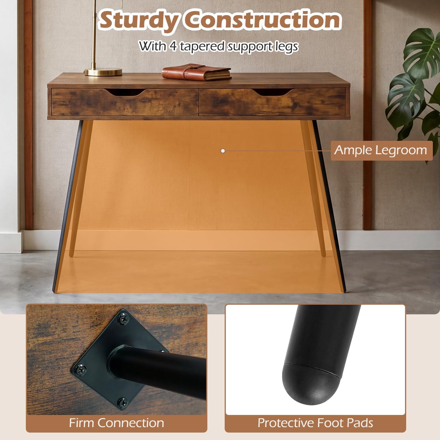 Tangkula Writing Desk w/2 Storage Drawers & 4 Rubber Wood Legs