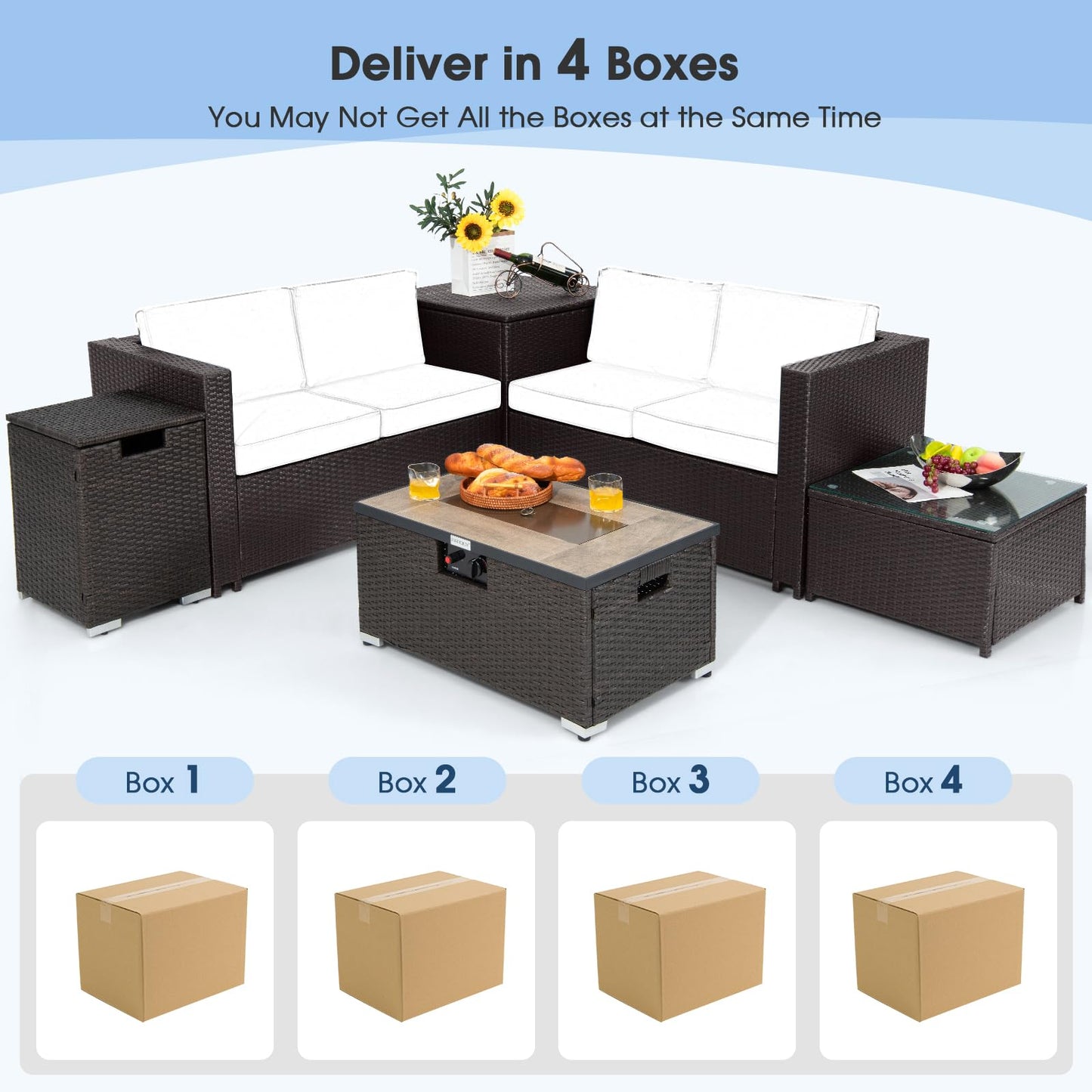 Tangkula 6 Pieces Patio Wicker Furniture Set with 32 Inches Propane Fire Pit Table and Tank Holder