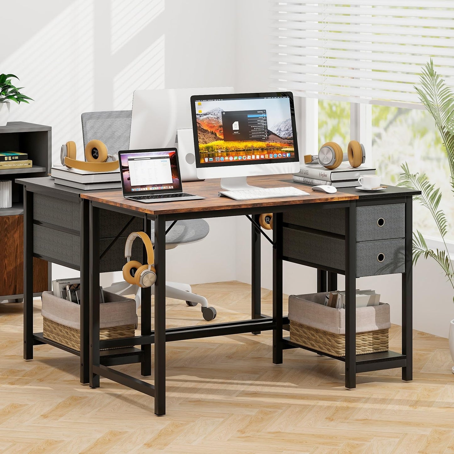 Tangkula Bureau informatique avec 2 tiroirs, bureau moderne pour la maison et le bureau avec crochet de suspension et étagère de rangement.