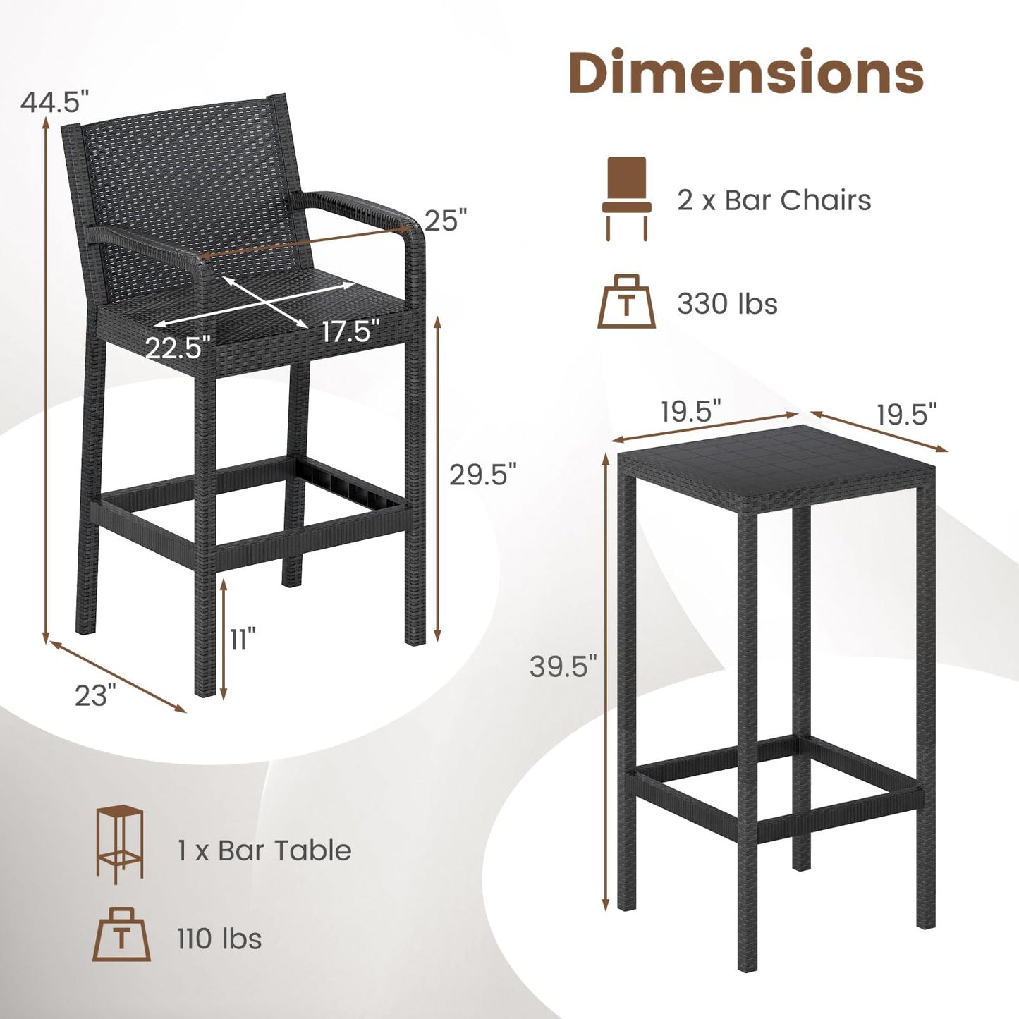 Tangkula 3 Pieces Patio Bar Set for Garden