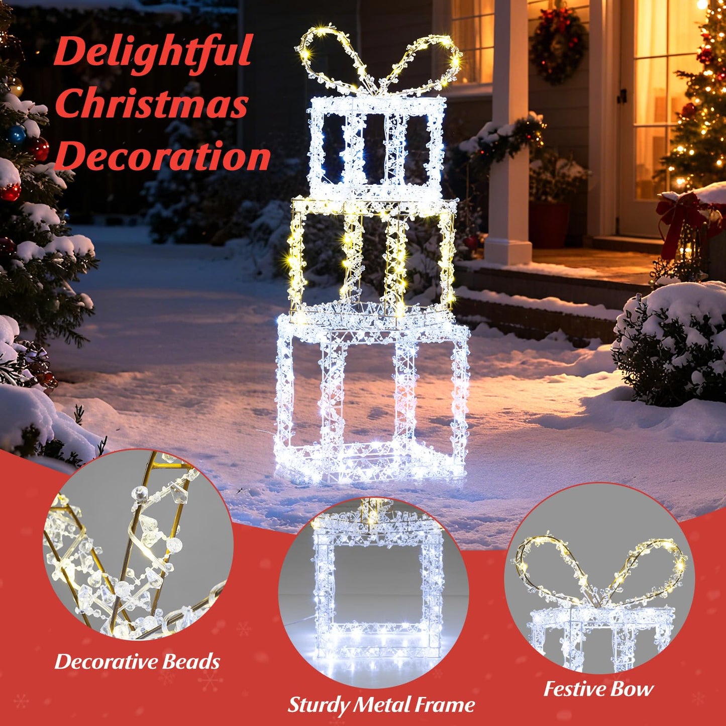 Tangkula Lot de 3 boîtes cadeaux lumineuses avec lumières LED blanc chaud et blanc froid