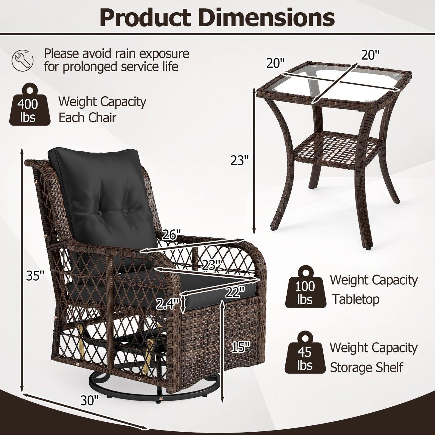 Tangkula 3 Piece Patio Swivel Rocker Set with Tempered Glass Side Table
