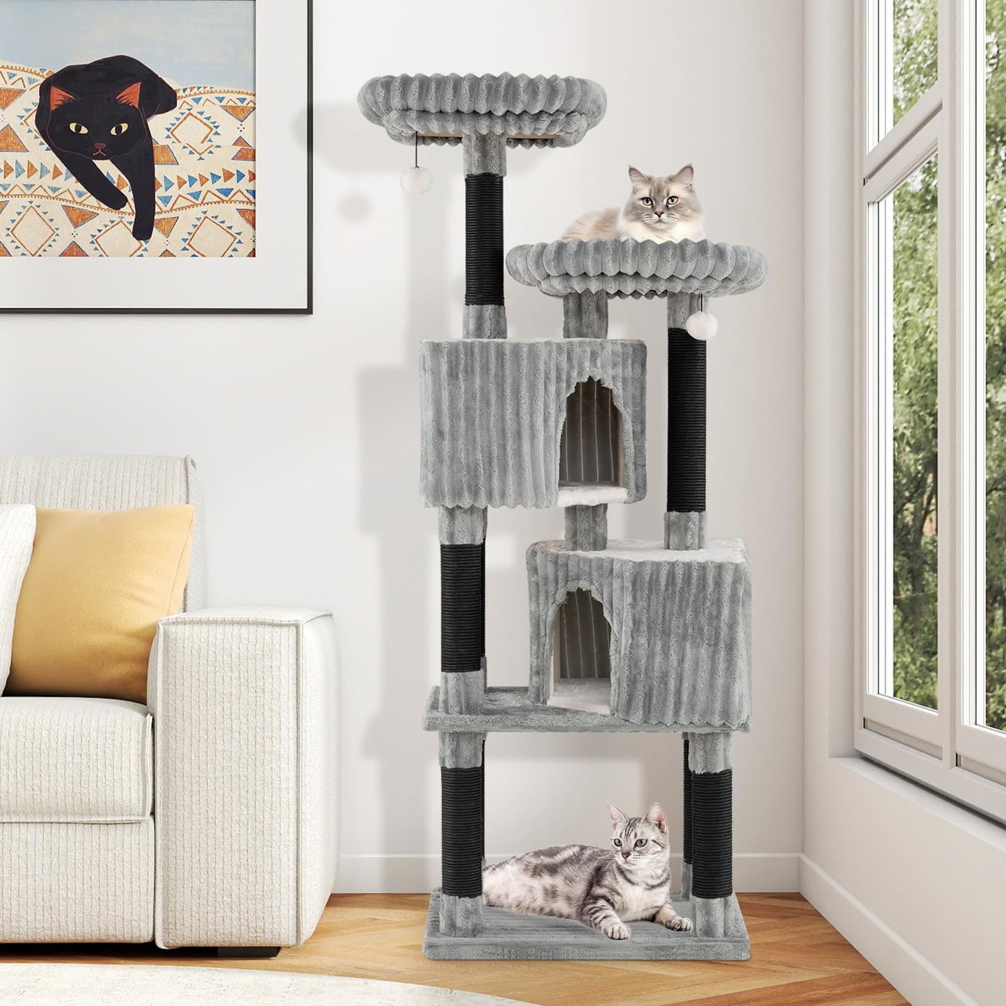 Tangkula 62 Inch Tall Carpet Cat Tree with Scratching Posts 2 Condos 2 Perch Beds